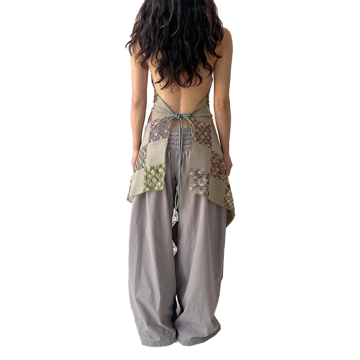 Plaid Lace Patchwork Halter Top Apron Dress