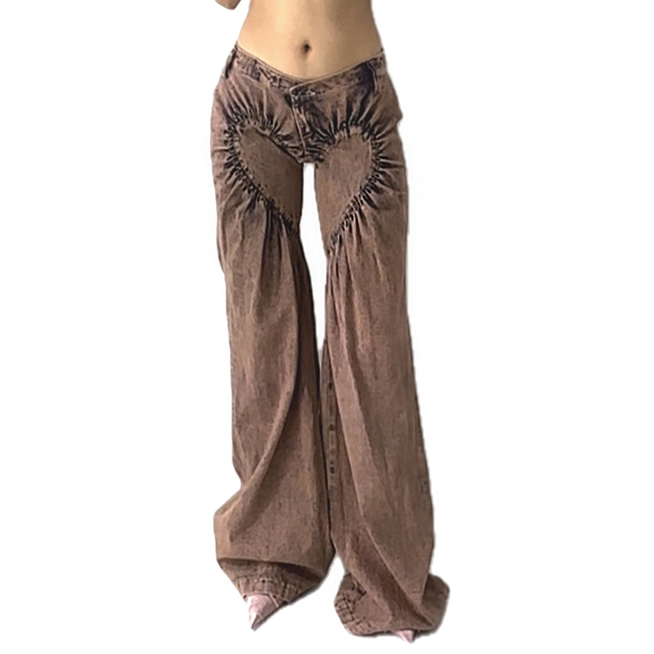 Unisex Ruched Heart Distressed Denim Jeans Pink