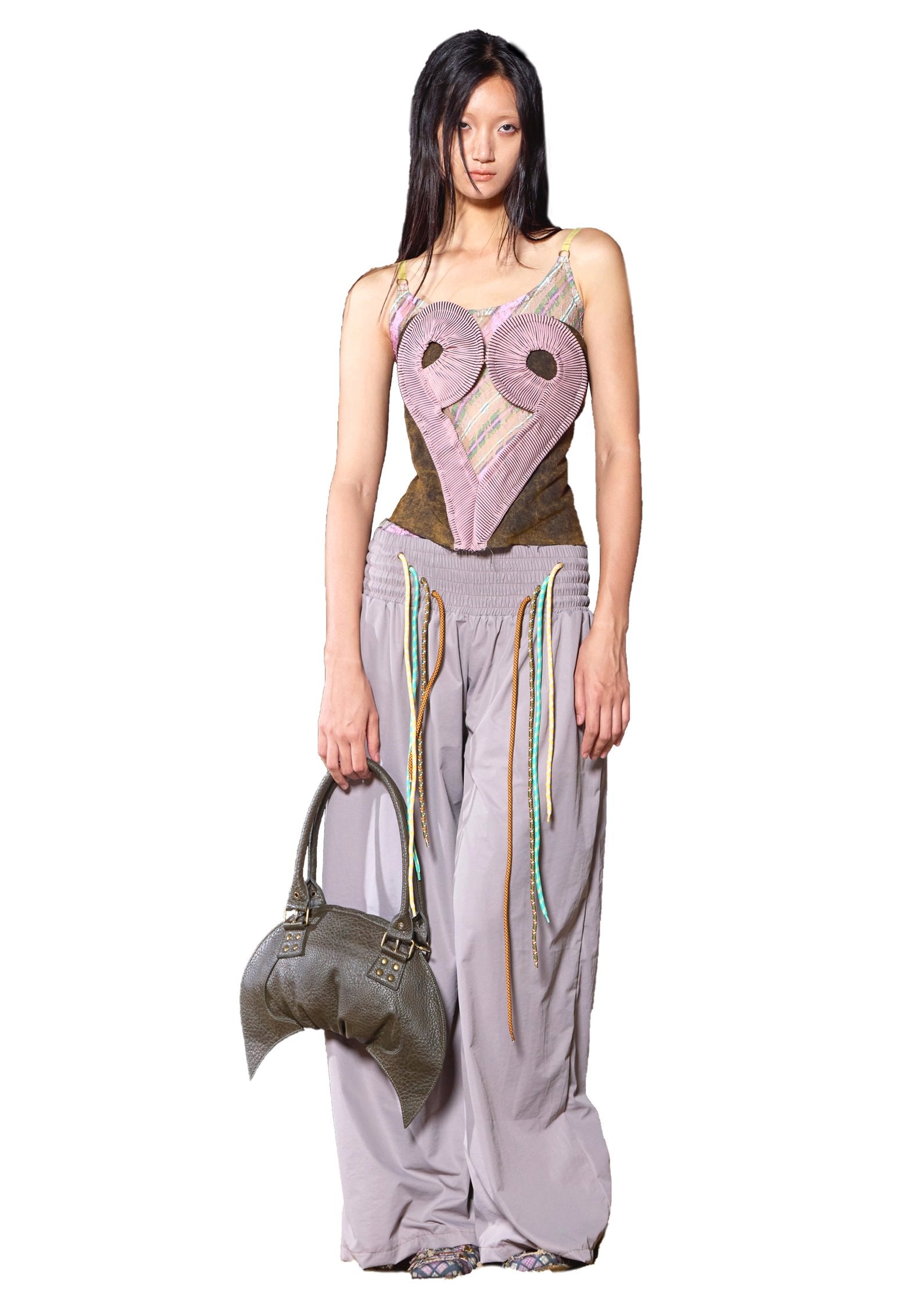 Heart Rib Pink Patchwork Tie-Dye Denim Corset Top with Cutout