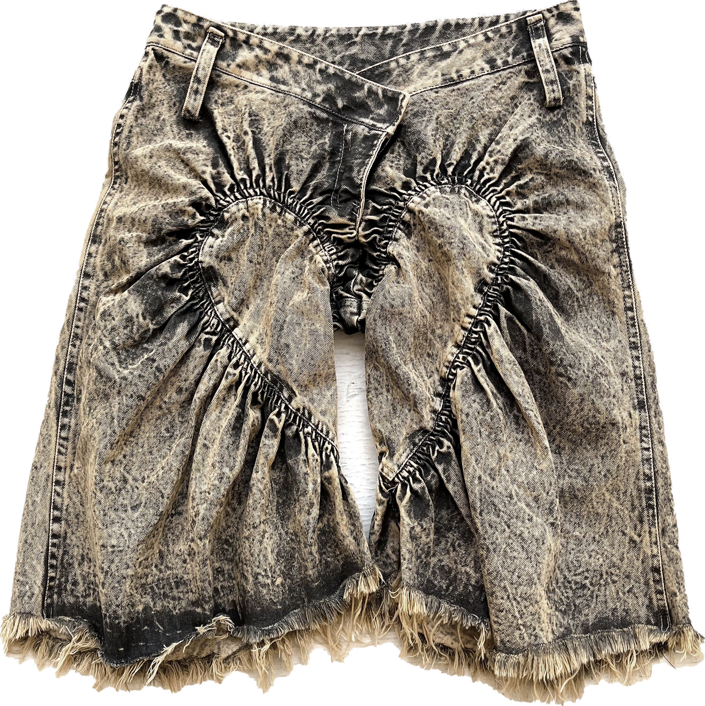 Unisex Ruched Heart Distressed Denim Shorts Black