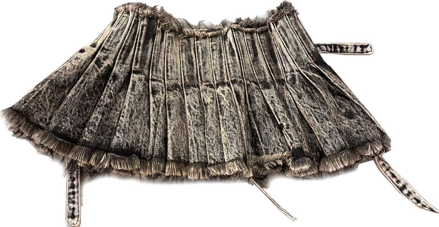Washout Denim Pleated Skirt With Belts Black