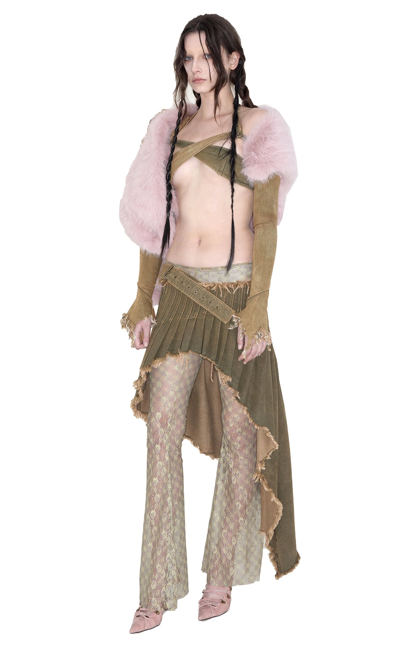 Denim Distressed Green Asymmetrical Pleated Belt Skirt