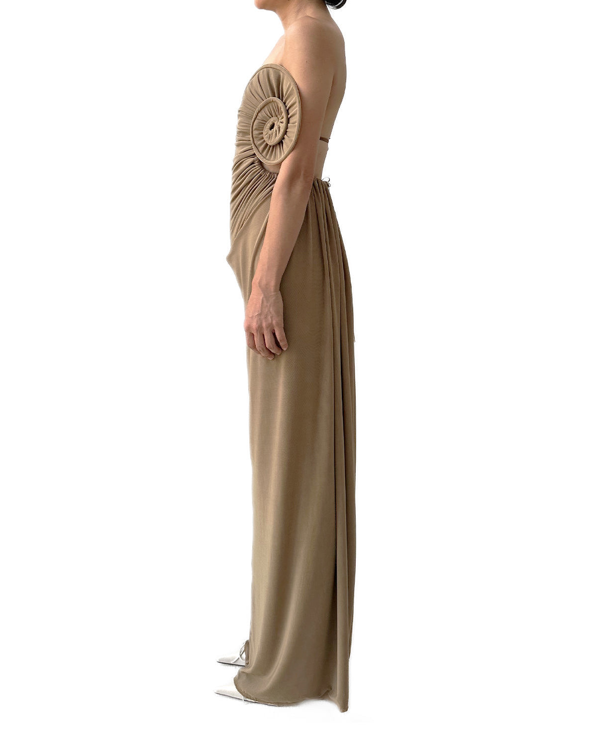 Draped Sea Shell Swirl Maxi Gown Khaki