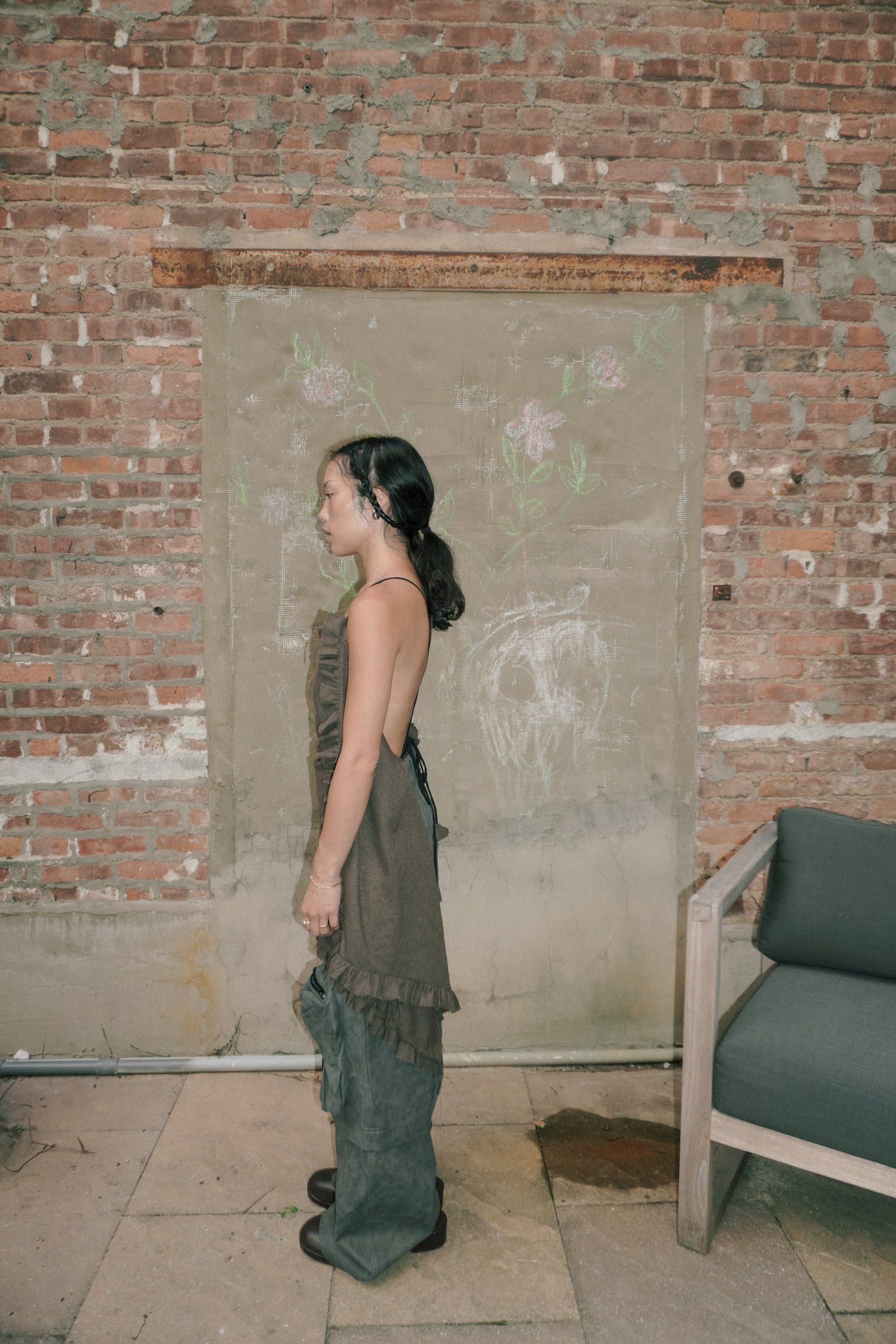 ASYMMETRICAL BOUCLE FLOWY RUFFLE TOP_ KAKHI