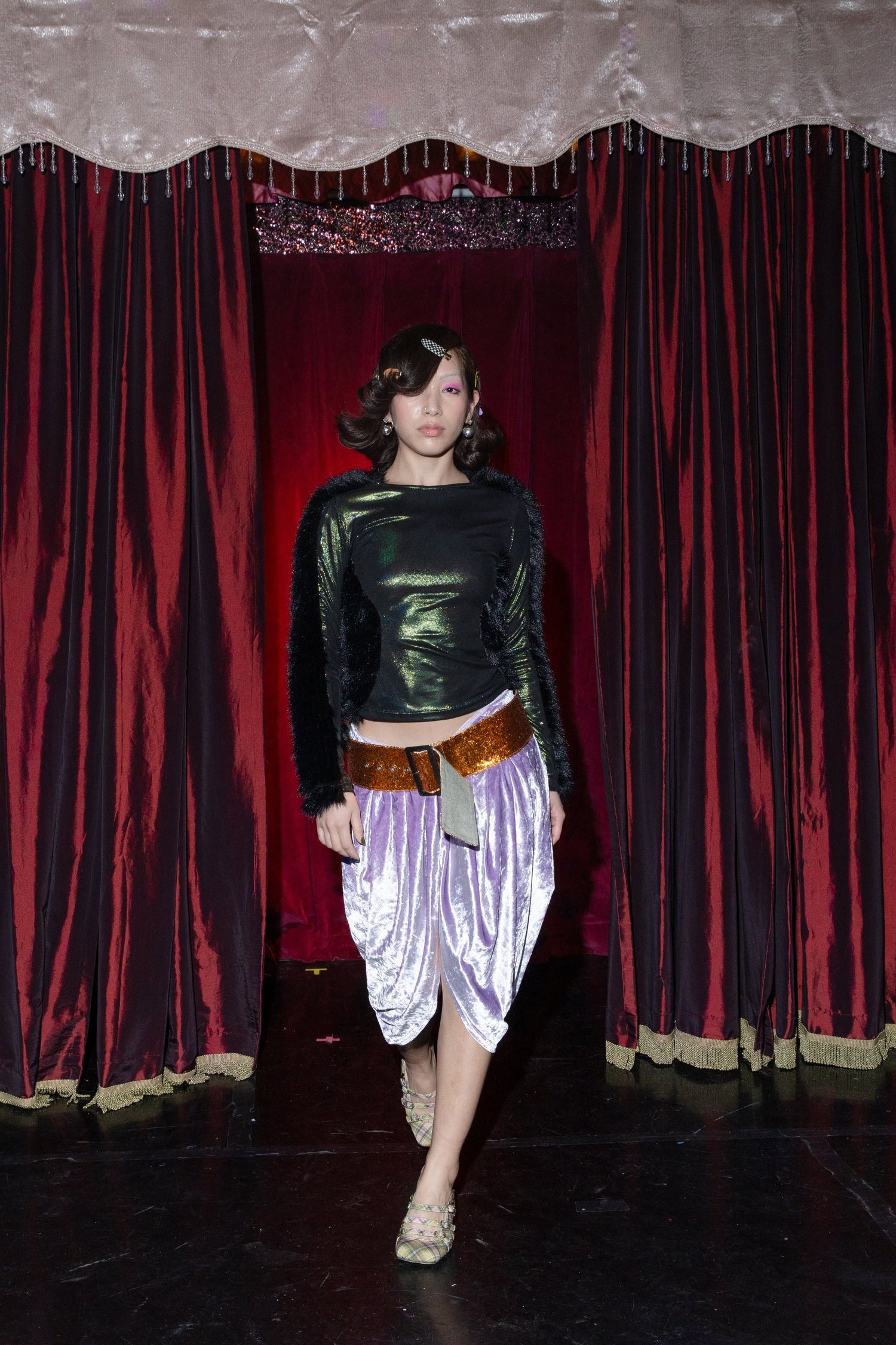 Glossy Lavender Velvet Draped Skirt