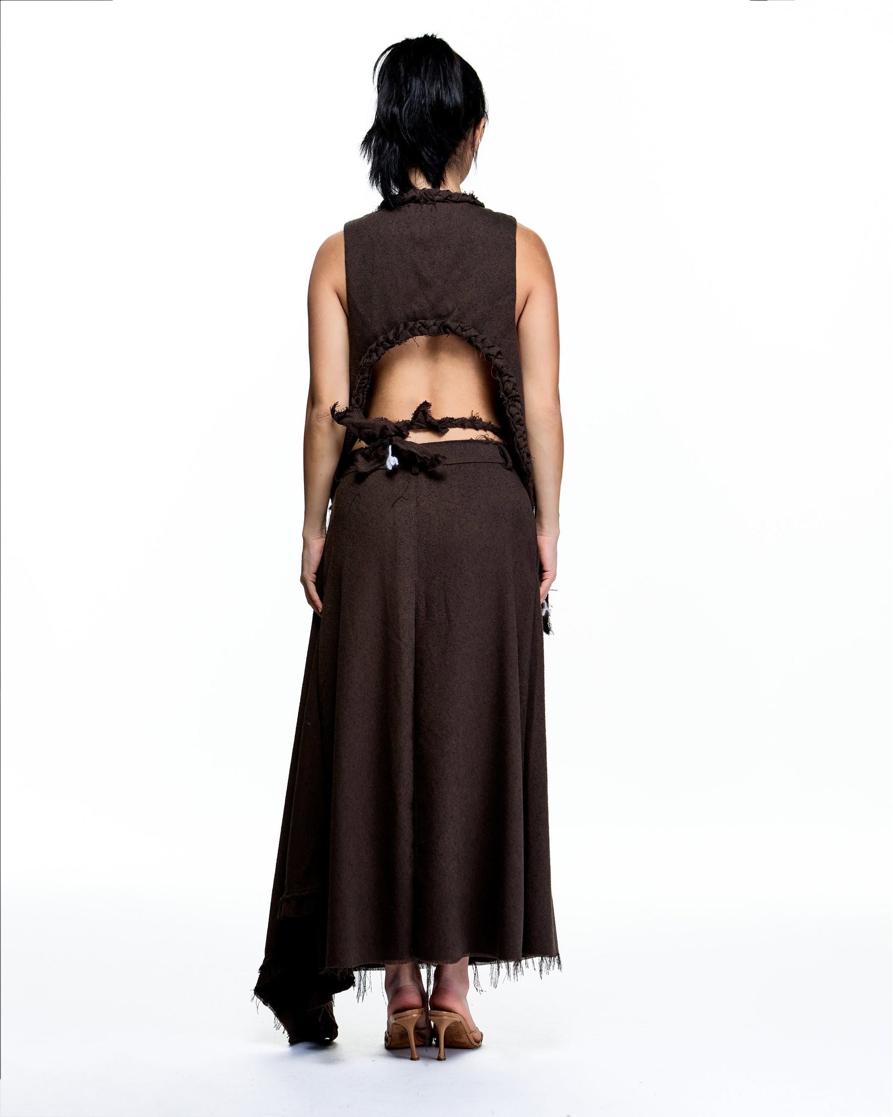 ASYMMETRICAL BOUCLE DRAPY RUFFLE SKIRT_CHOCOLATE