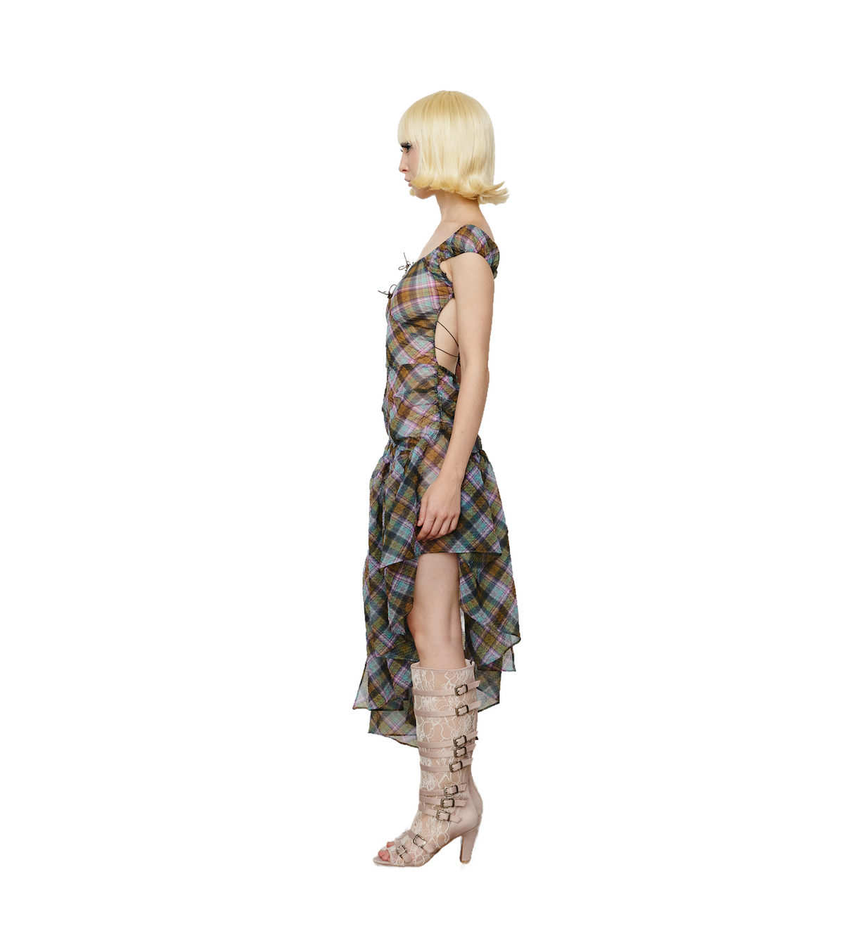 Layered Satin Belts Lace Sandal Boots Pink Ivory