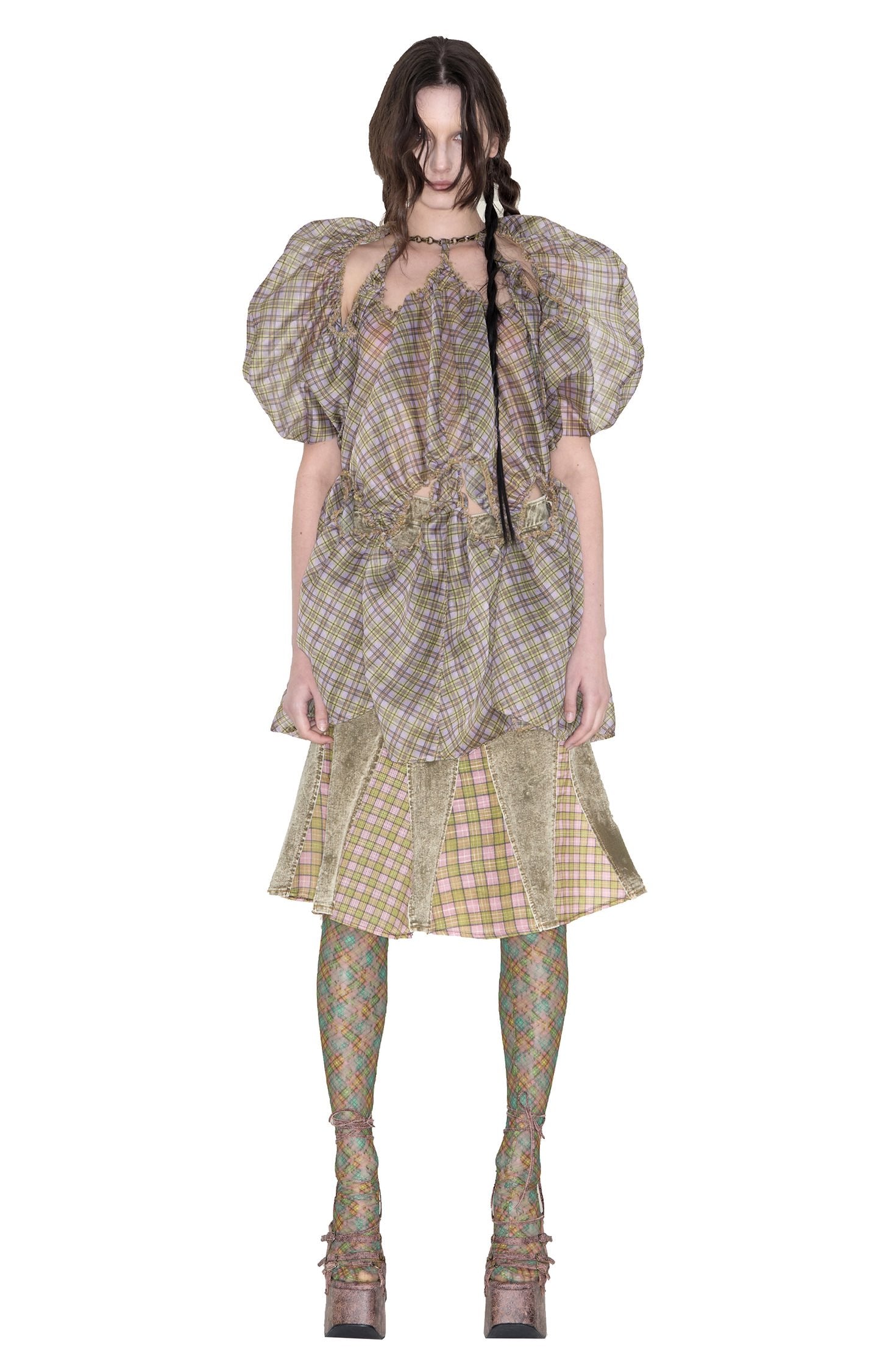 Plaid Organza Puff Sleeve Dress Purple Tartan