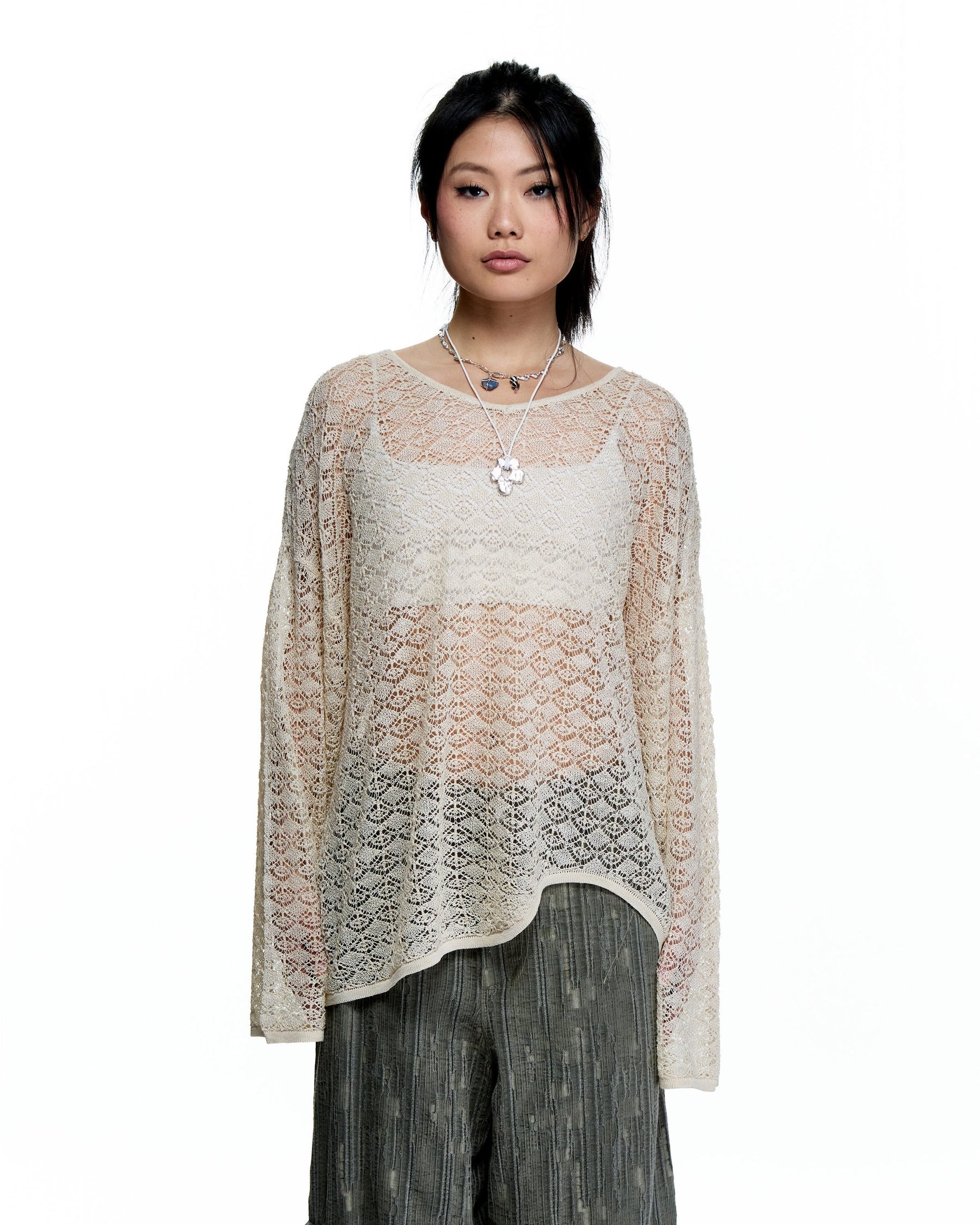 POINTELLE STITCH RELAX FIT COTTON SWEATER