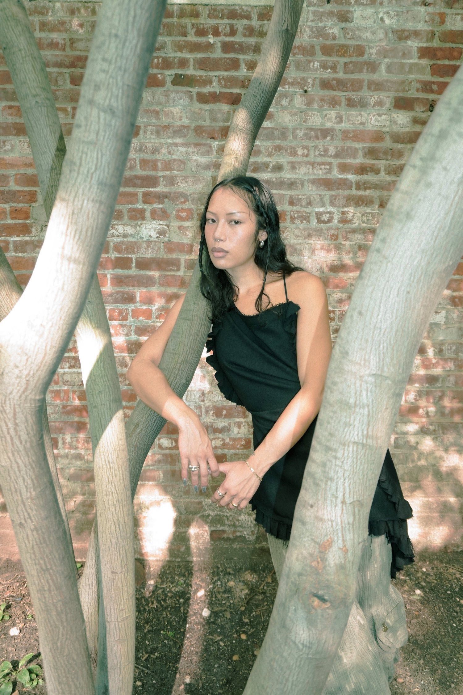 ASYMMETRICAL BOUCLE FLOWY RUFFLE TOP_ BLACK