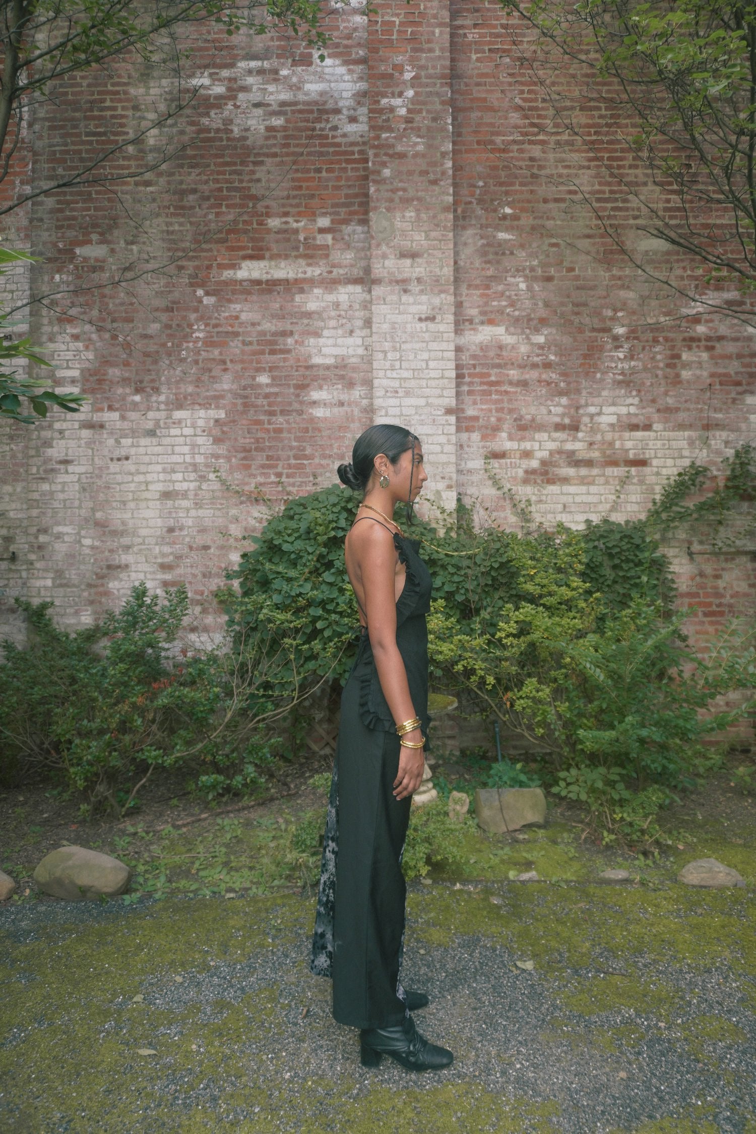 BURN OUT MESH PRINT ASYMMETRIC PANTS