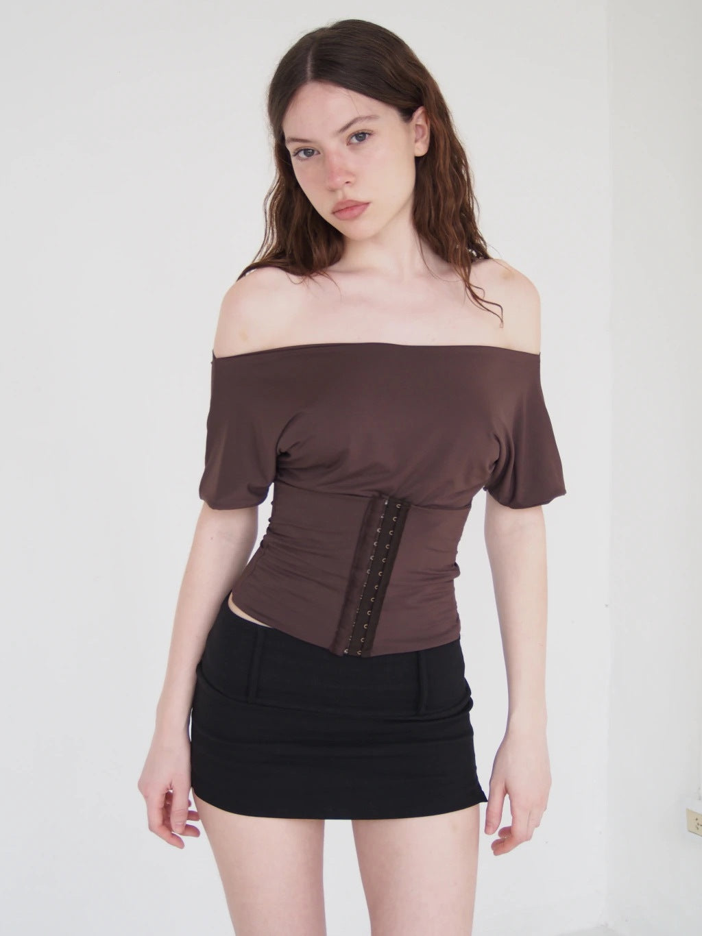 BOAT NECK CORSET TOP - BROWN