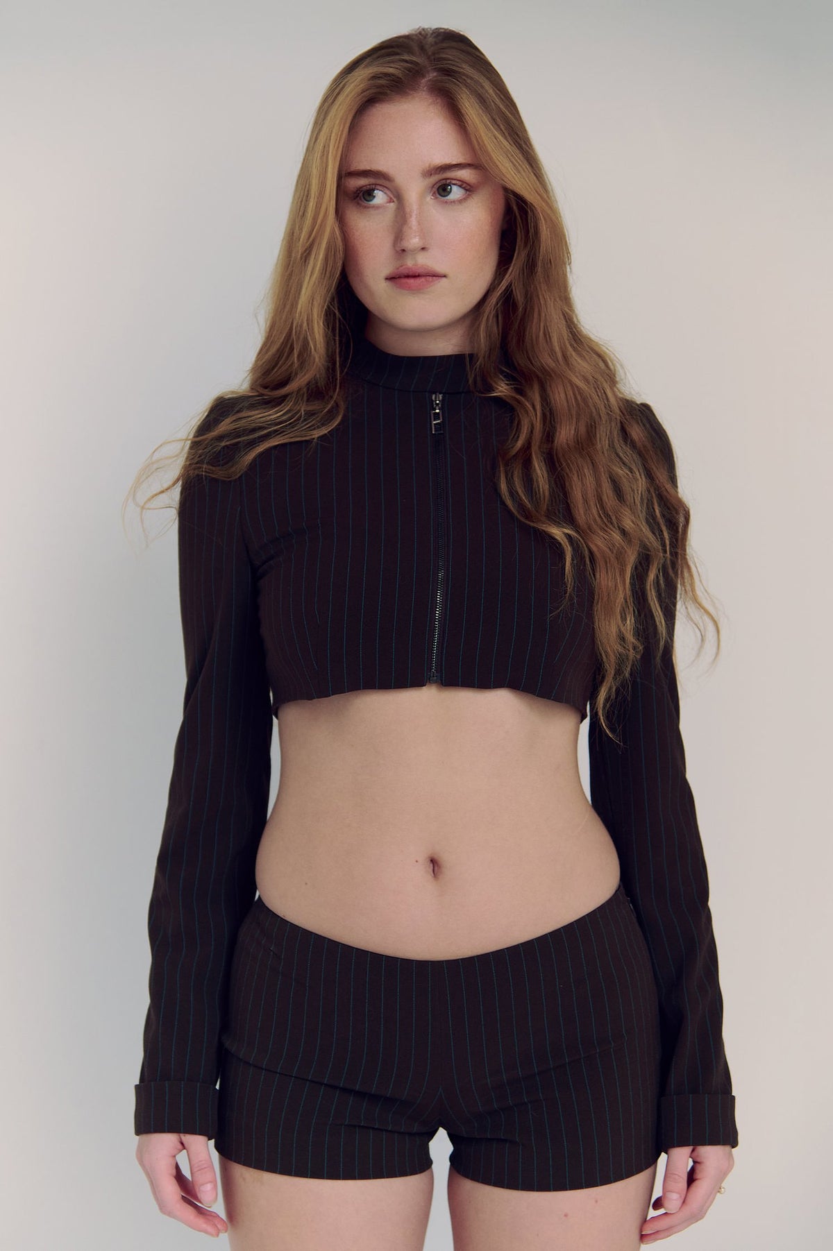 The Cropped Harlow Jacket in Brown Pinstripe