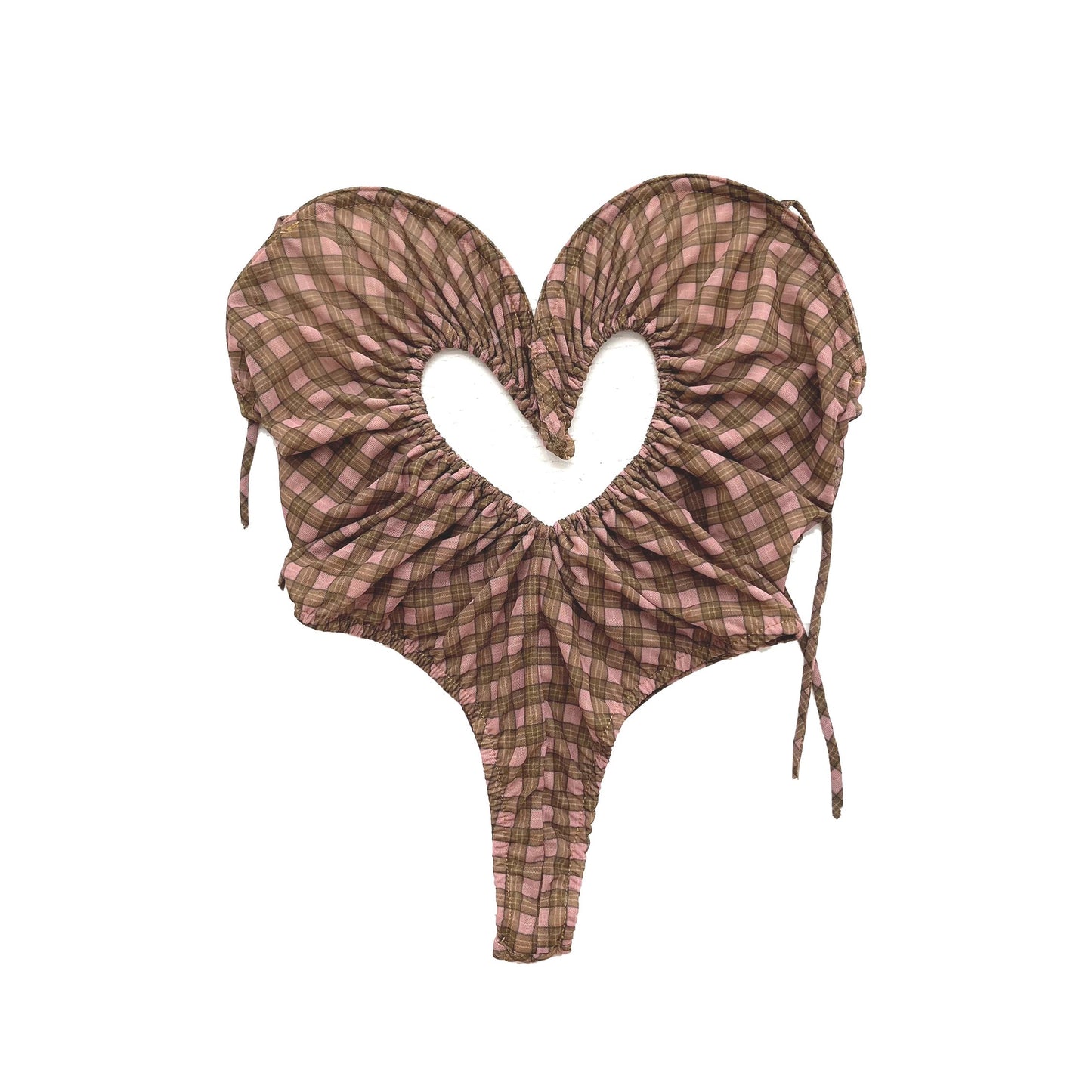 Ruched Heart Cutout One-Piece Swimsuit Bodysuit Pink Checker