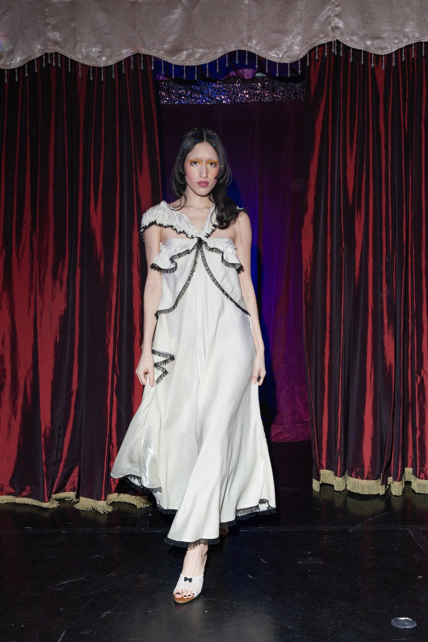 Ivory Satin Taffeta Flared Ruffle Dress