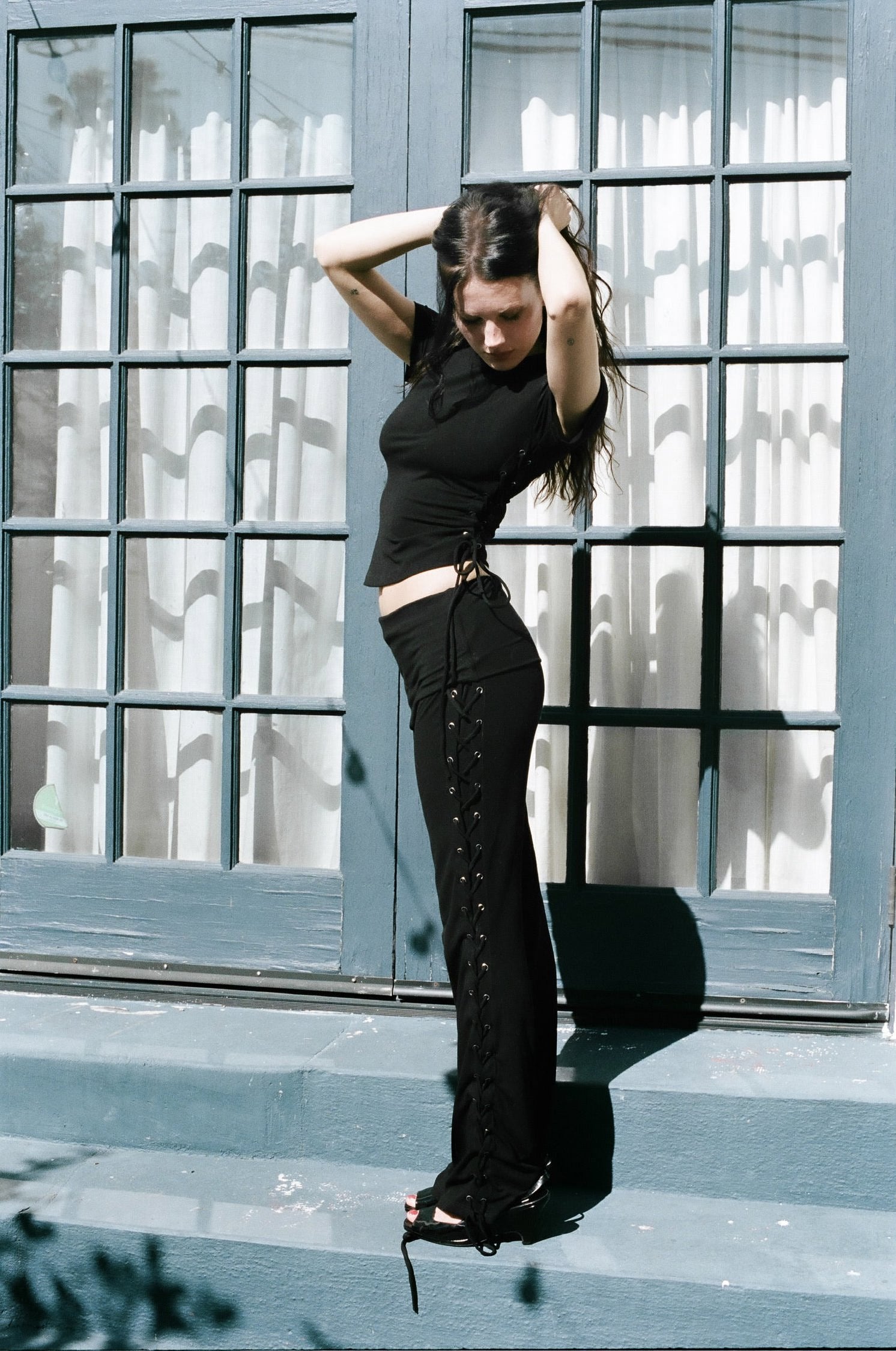 Thalia Lace Up Short Sleeve Top in Midnight