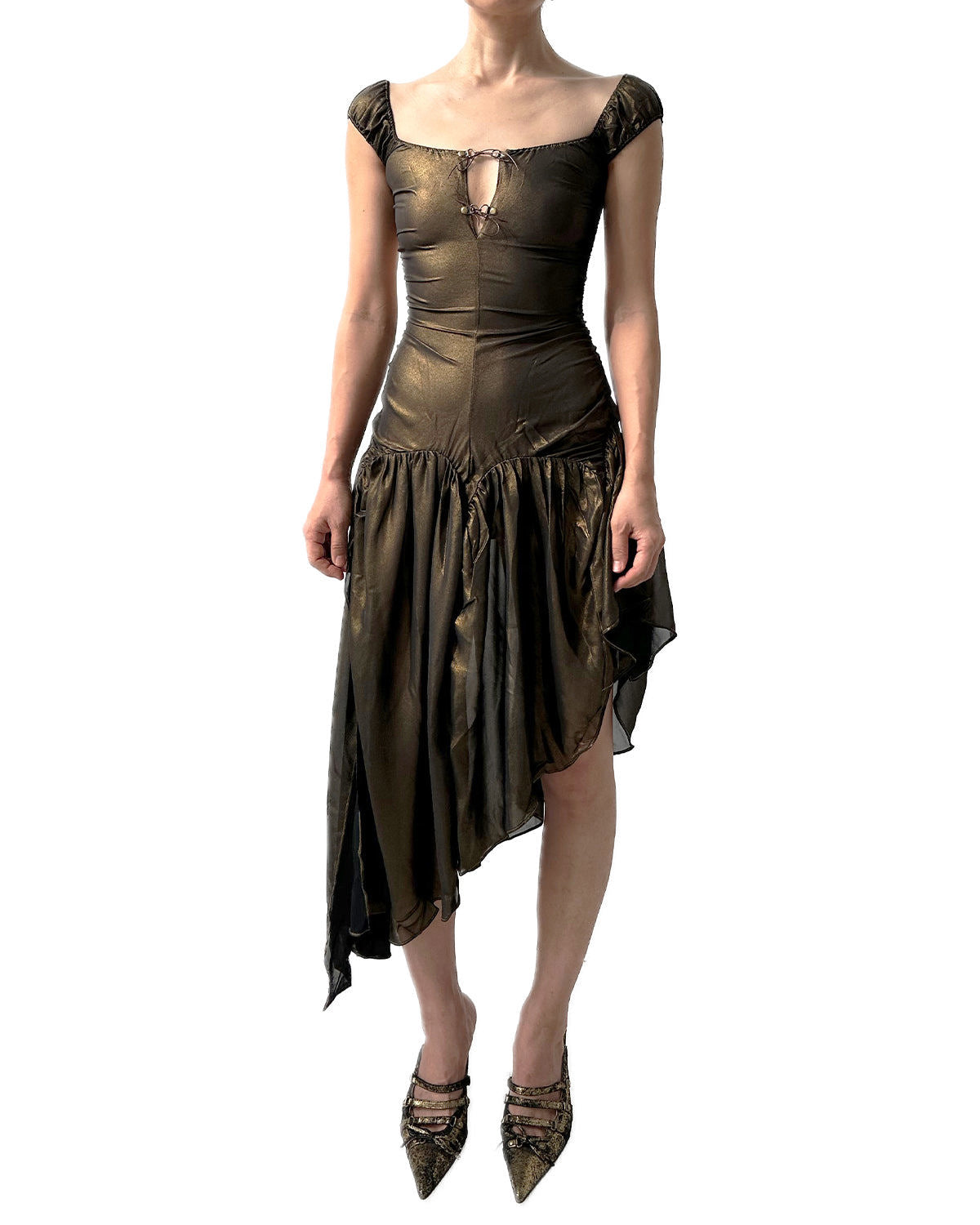 Plaid Puff Chiffon Asymmetrical Dress Gold Chiffon