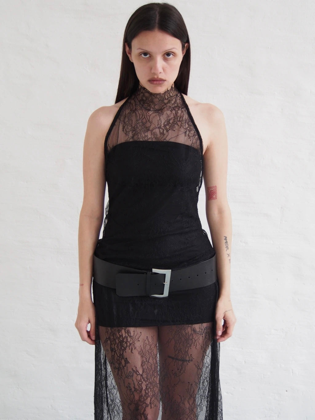 LACE NECK DRESS + STRAPLESS SLIP - BLACK