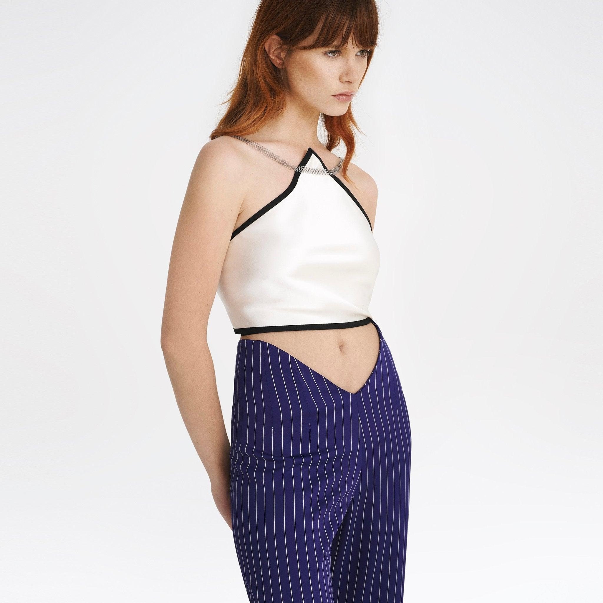 V-Back Trousers in Purple Pinstripes