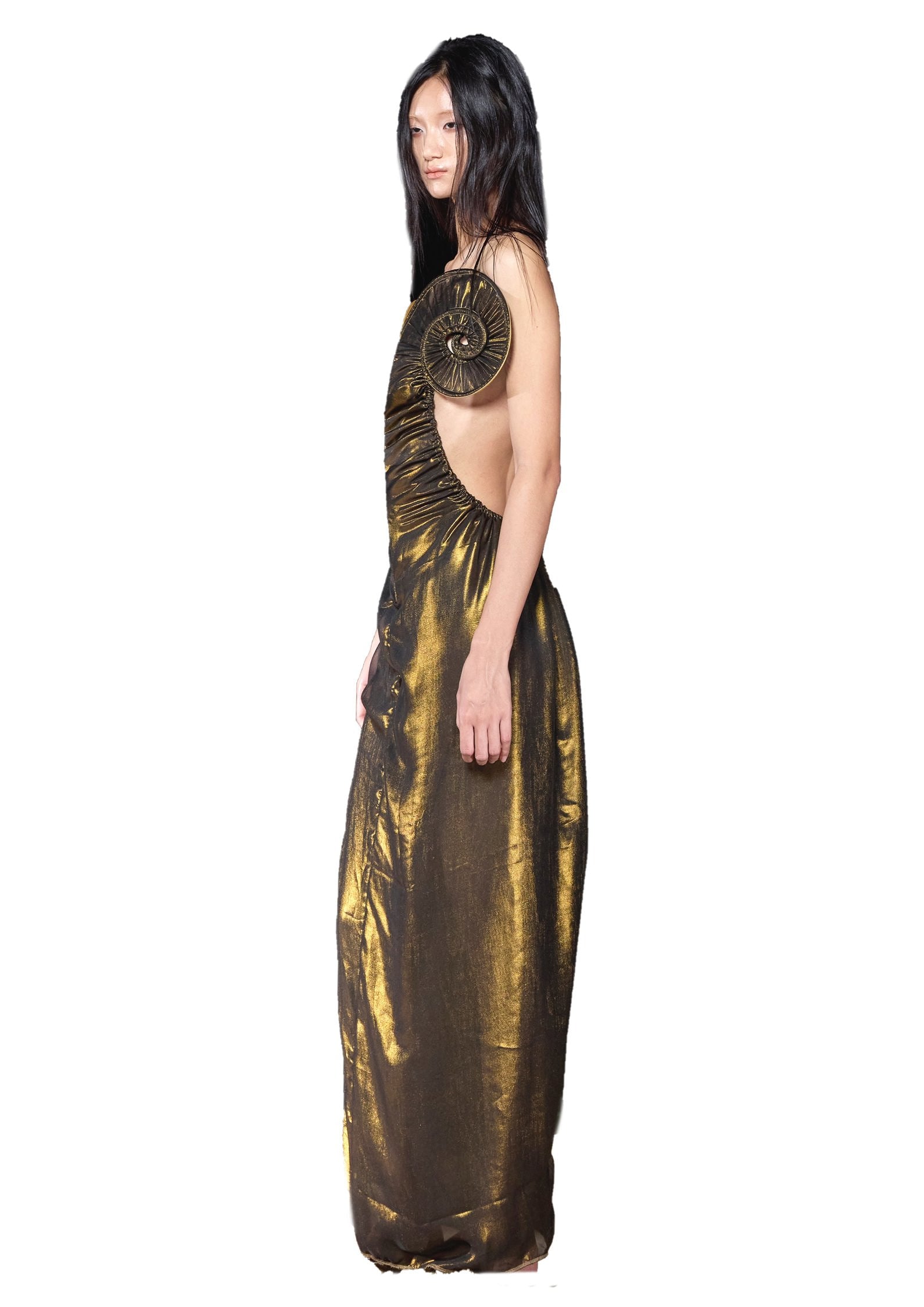 Draped Sea Shell Swirl Maxi Gown Glossy Gold