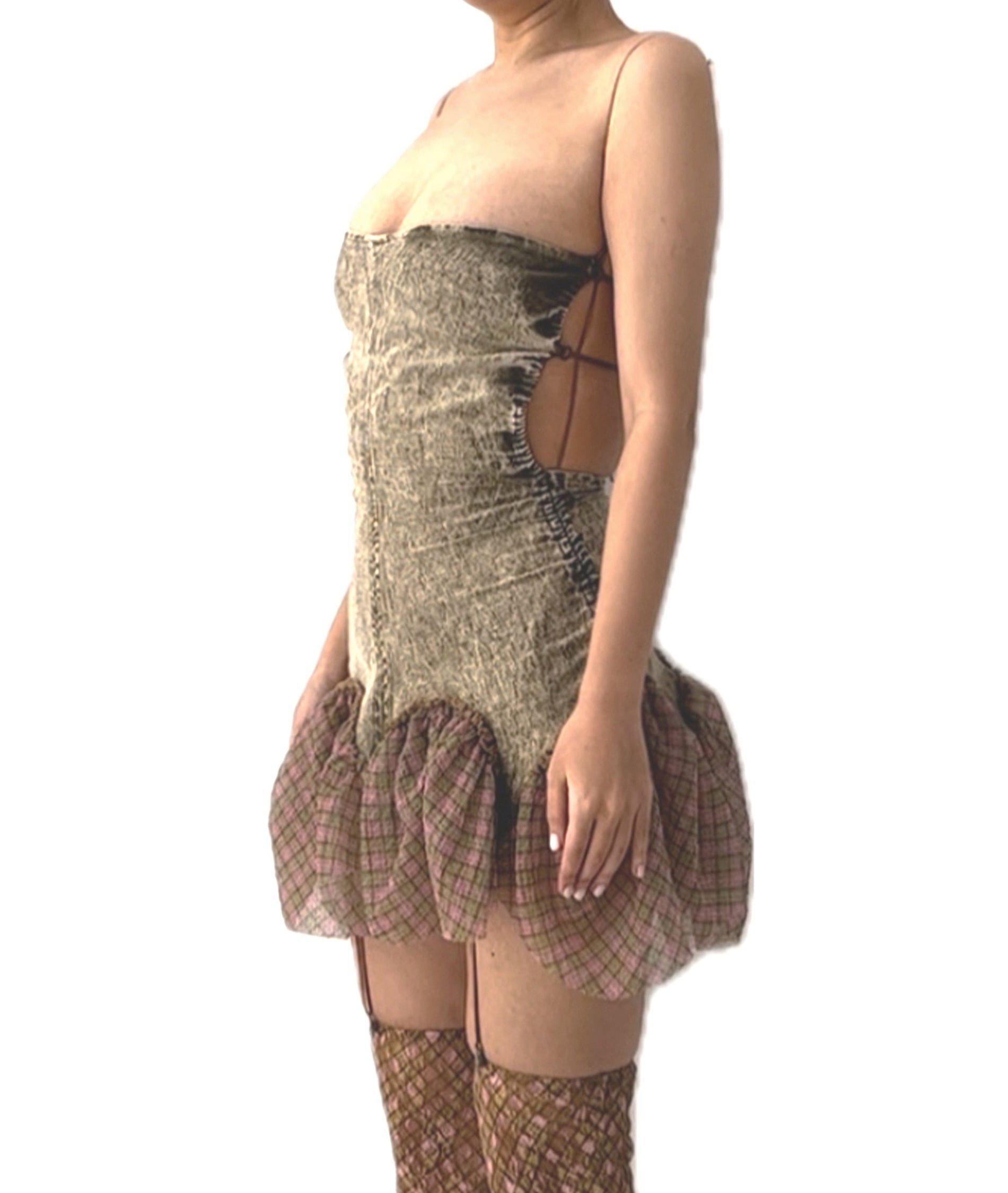 Plaid Denim Bubble Mini Dress Fenlü