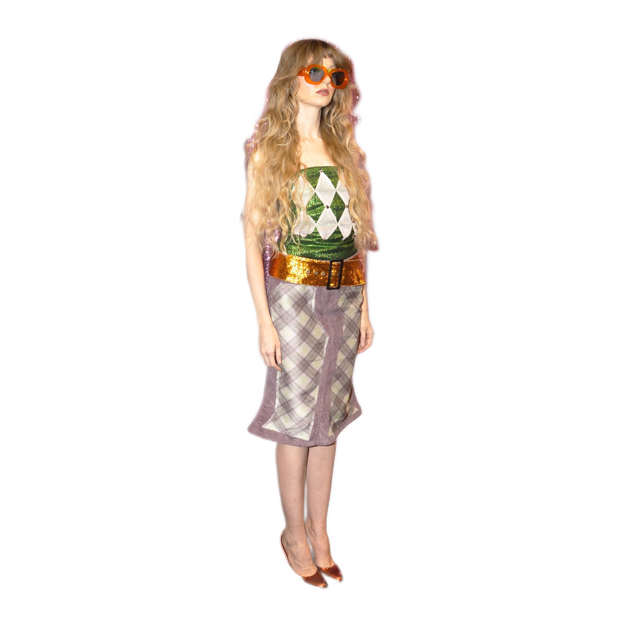 Purple Porcelain Suede Organza Patchwork Skirt