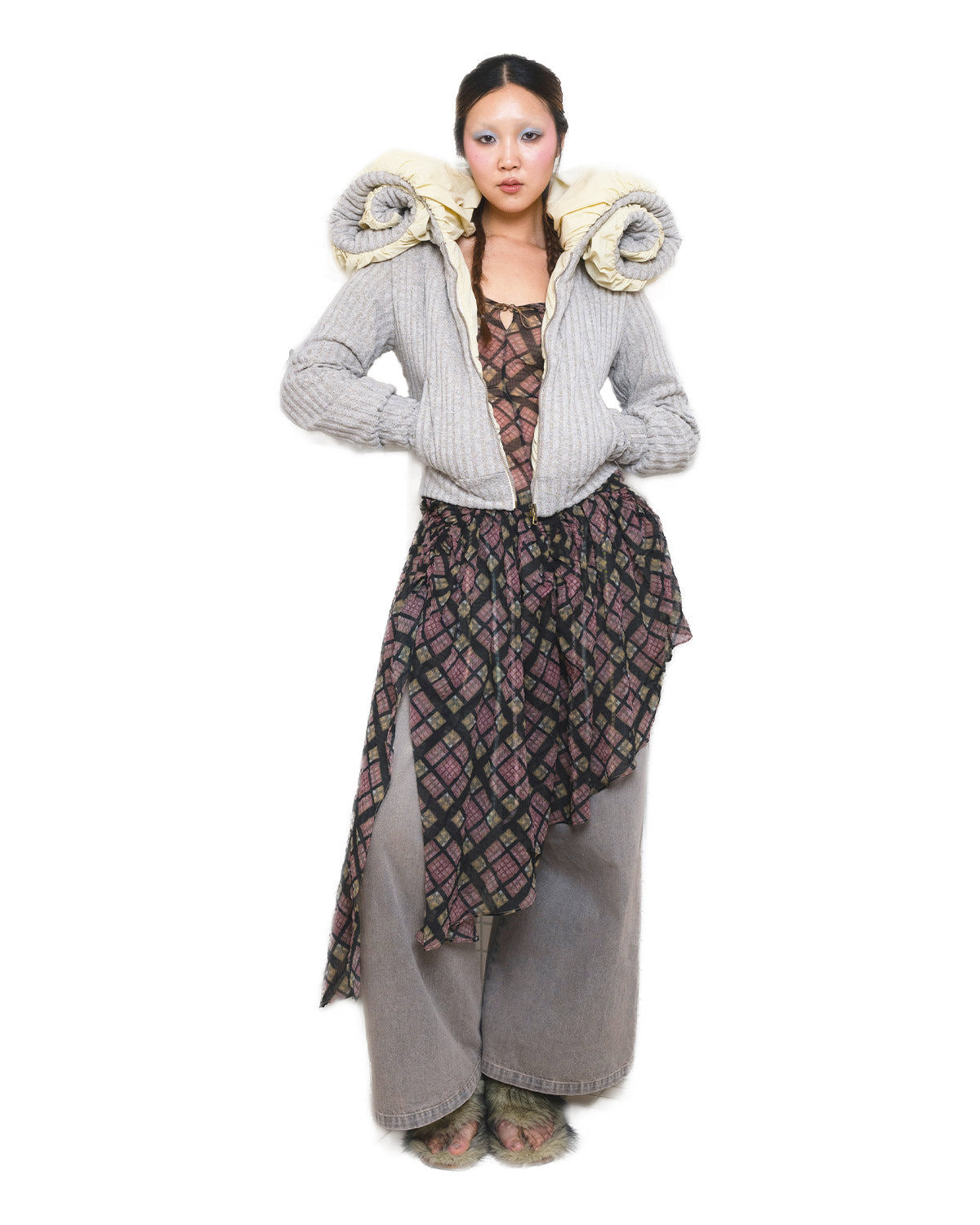 Swirl Collar Rib Knit Jacket Grey Yellow