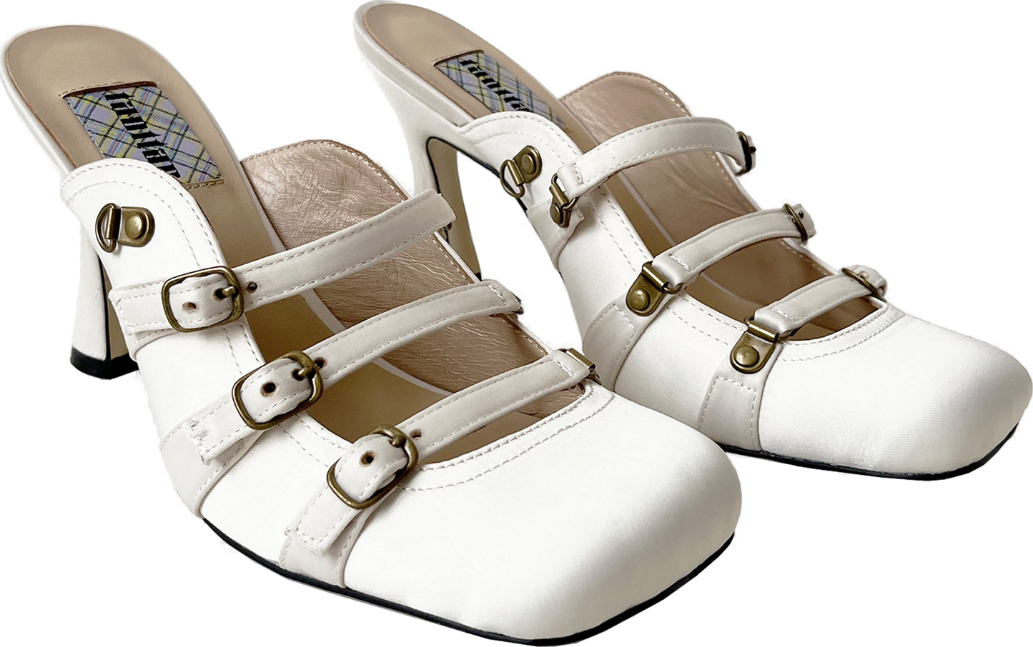White Satin Lace Up Square Toe Mules