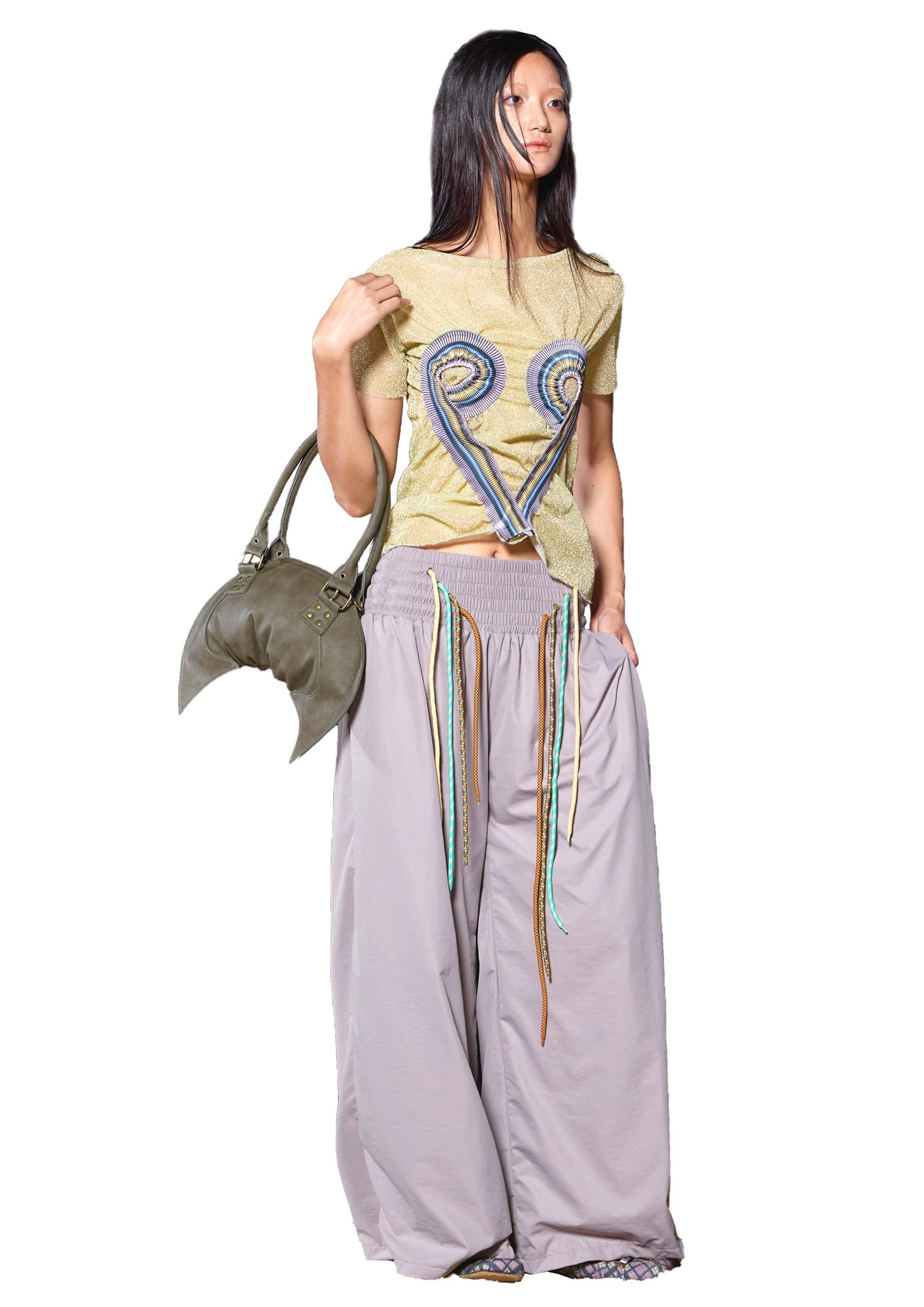Metallic Yellow Top Stripe Rib Patched Heart Shape Tee T-shirt
