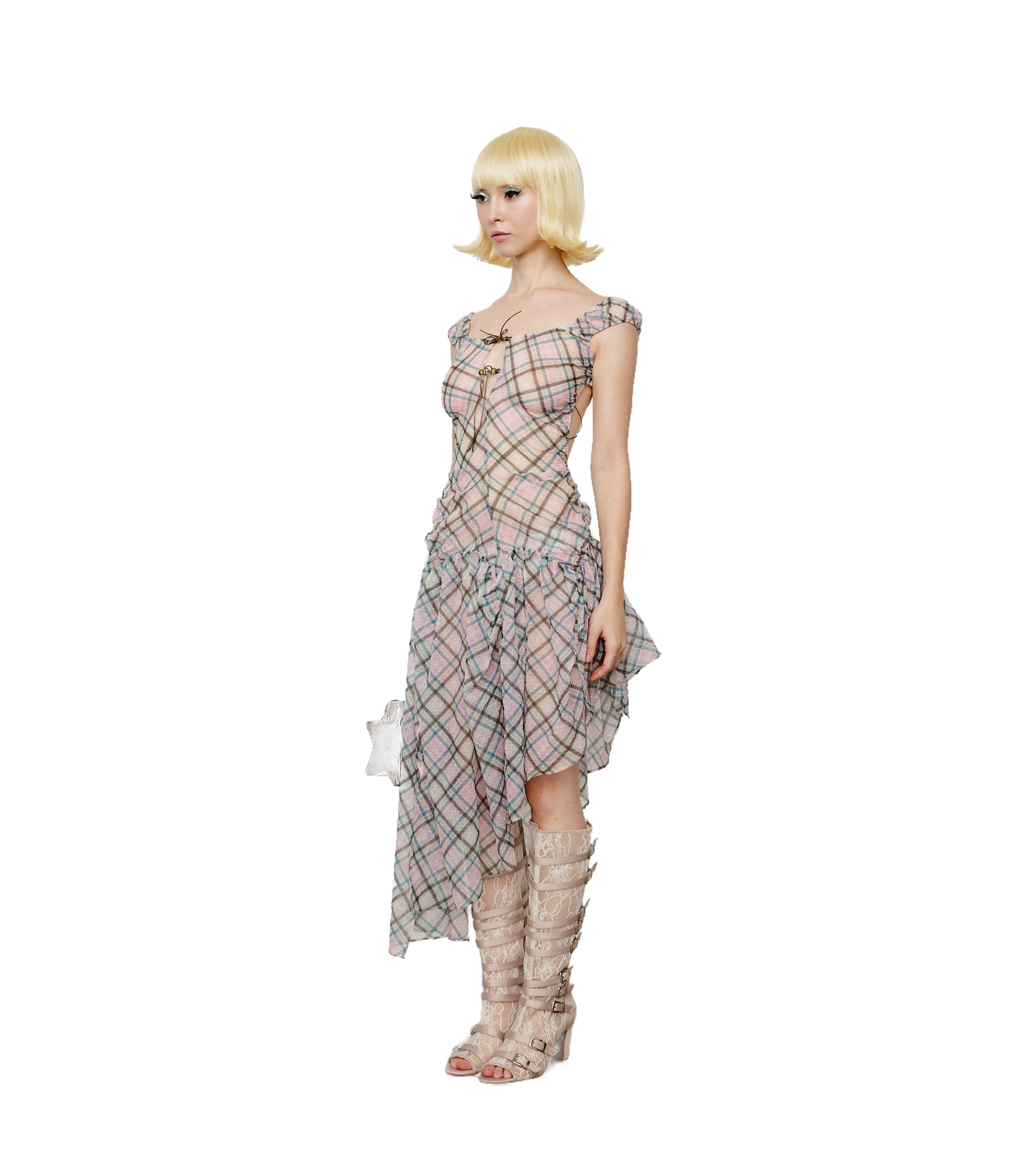 Plaid Puff Chiffon Asymmetrical Dress Dollhouse