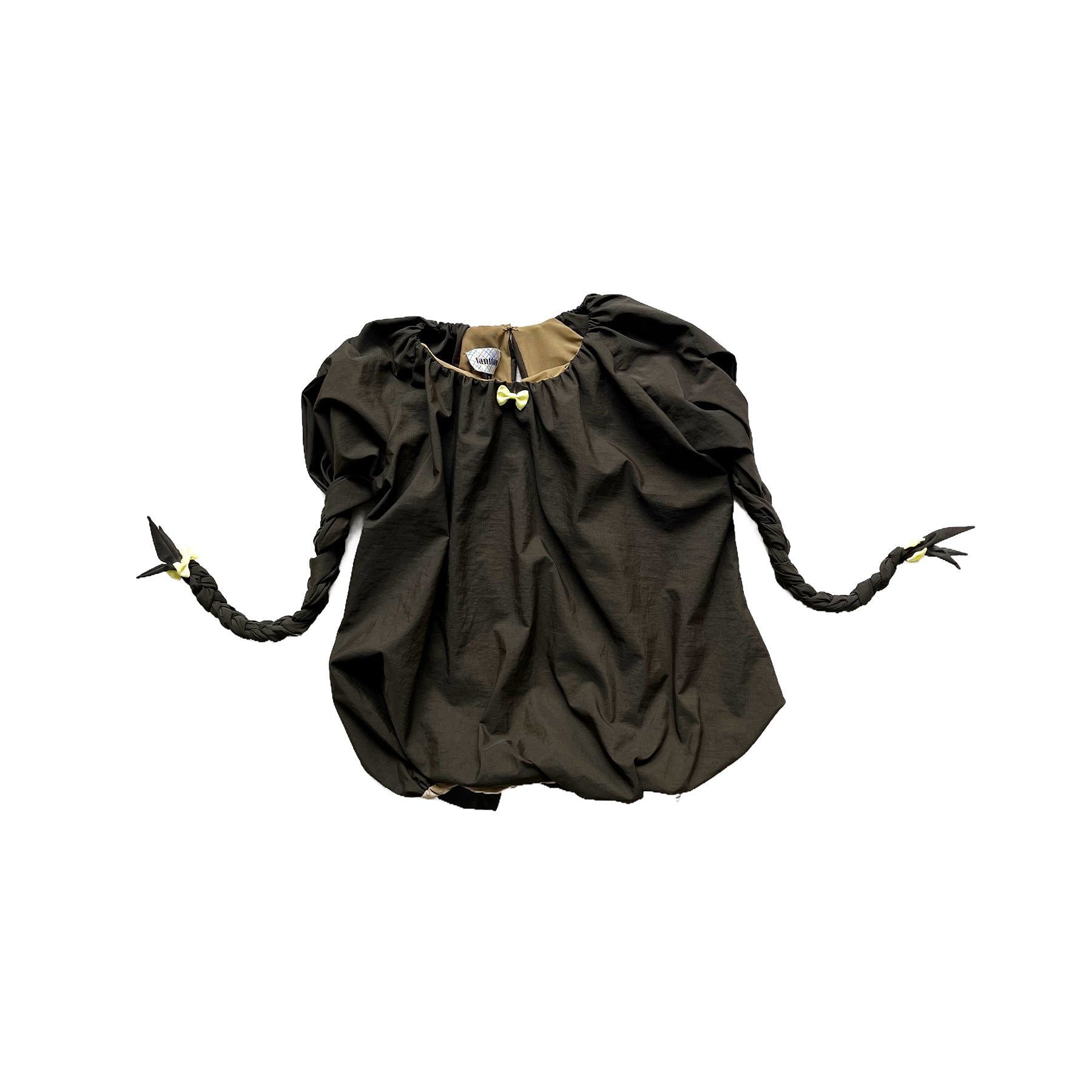 Balloon Braided Blouse with Bow Dark Brown