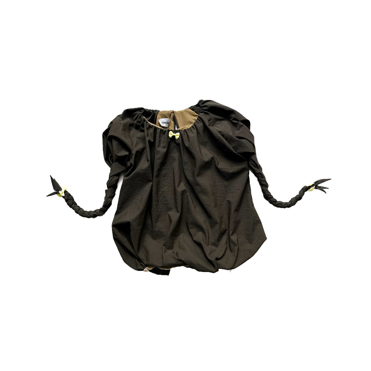 Balloon Braided Blouse with Bow Dark Brown
