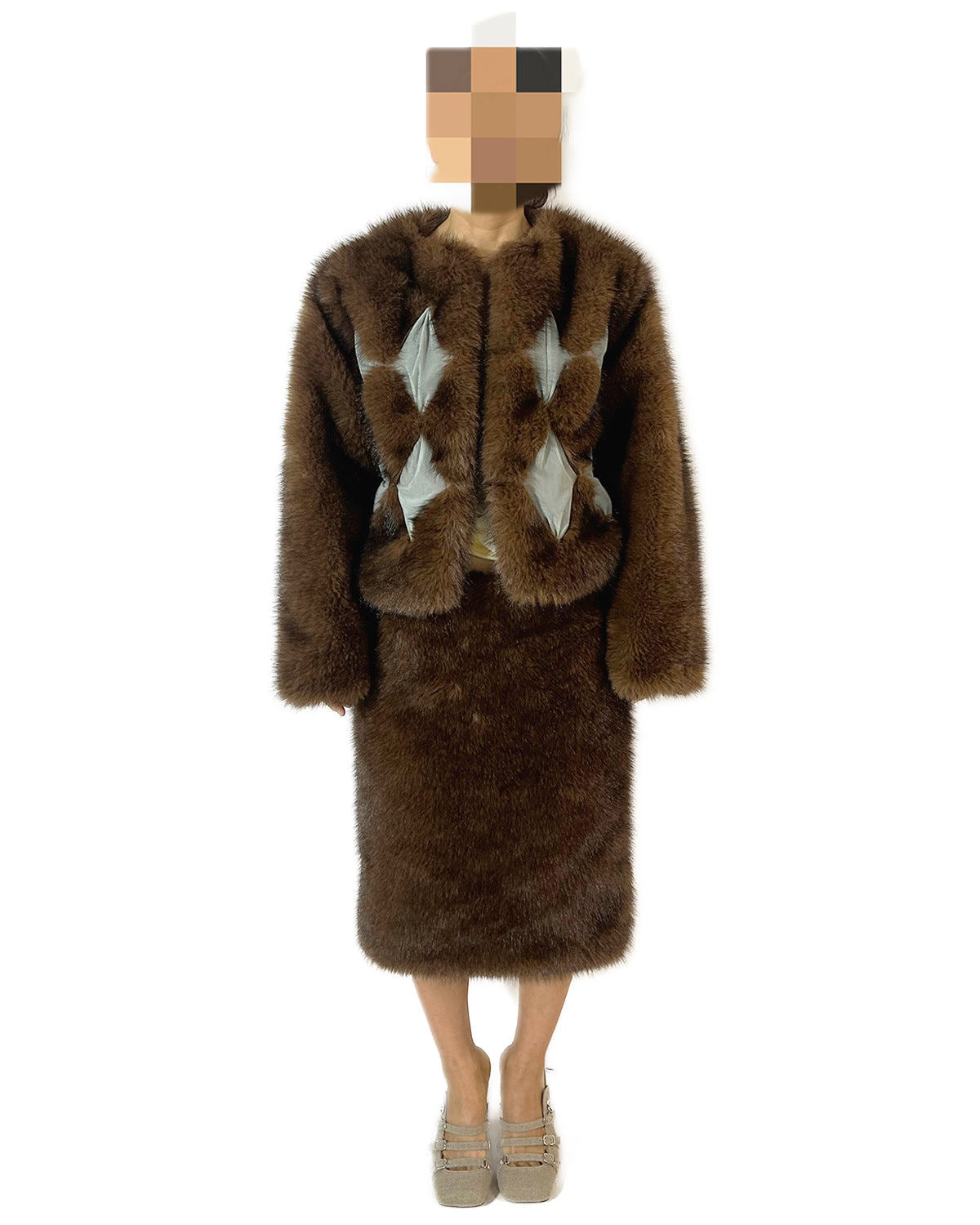Studded Diamond Patchwork Faux Fur Coat