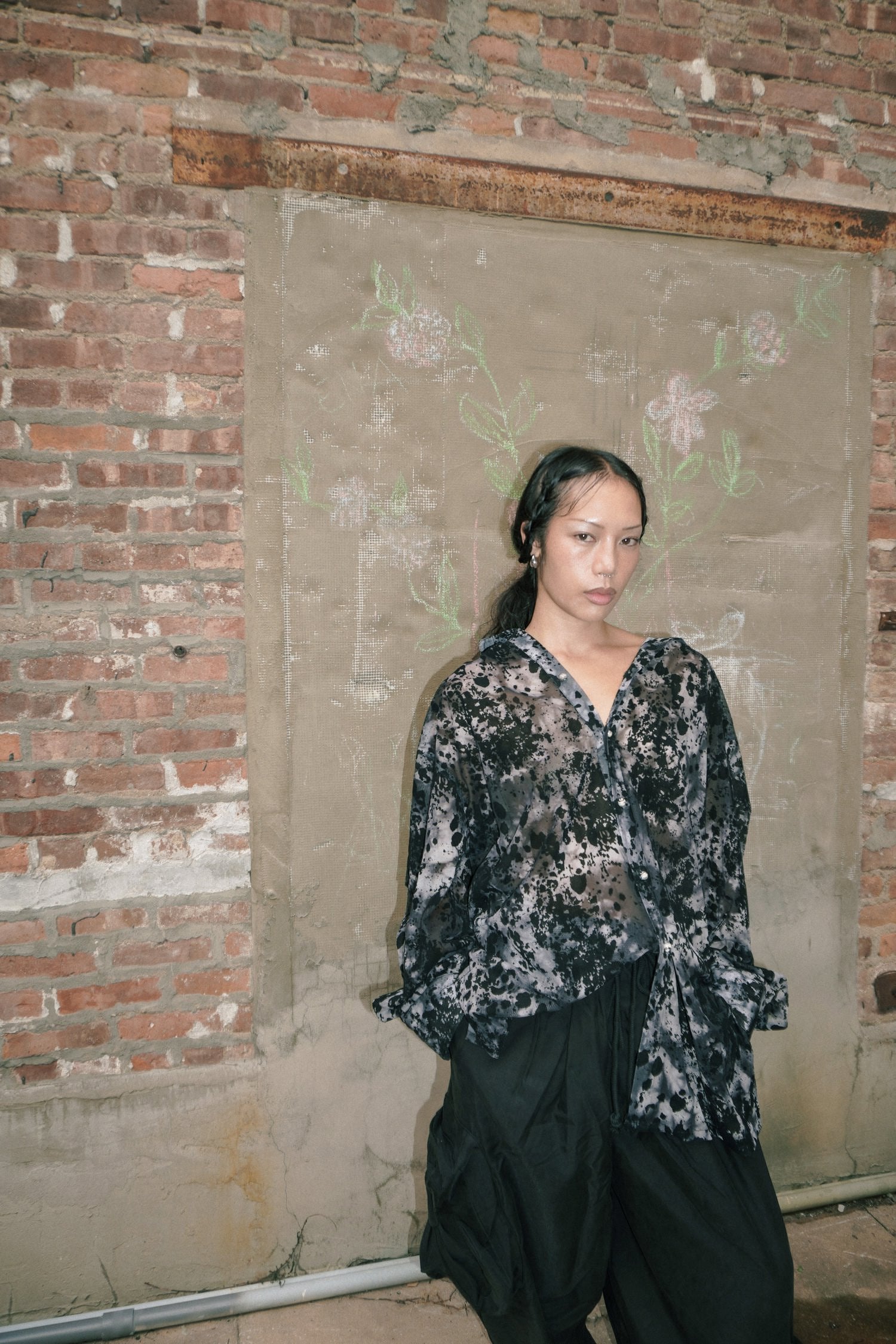 OPEN NECK MESH FLOCKING PRINT SHIRT