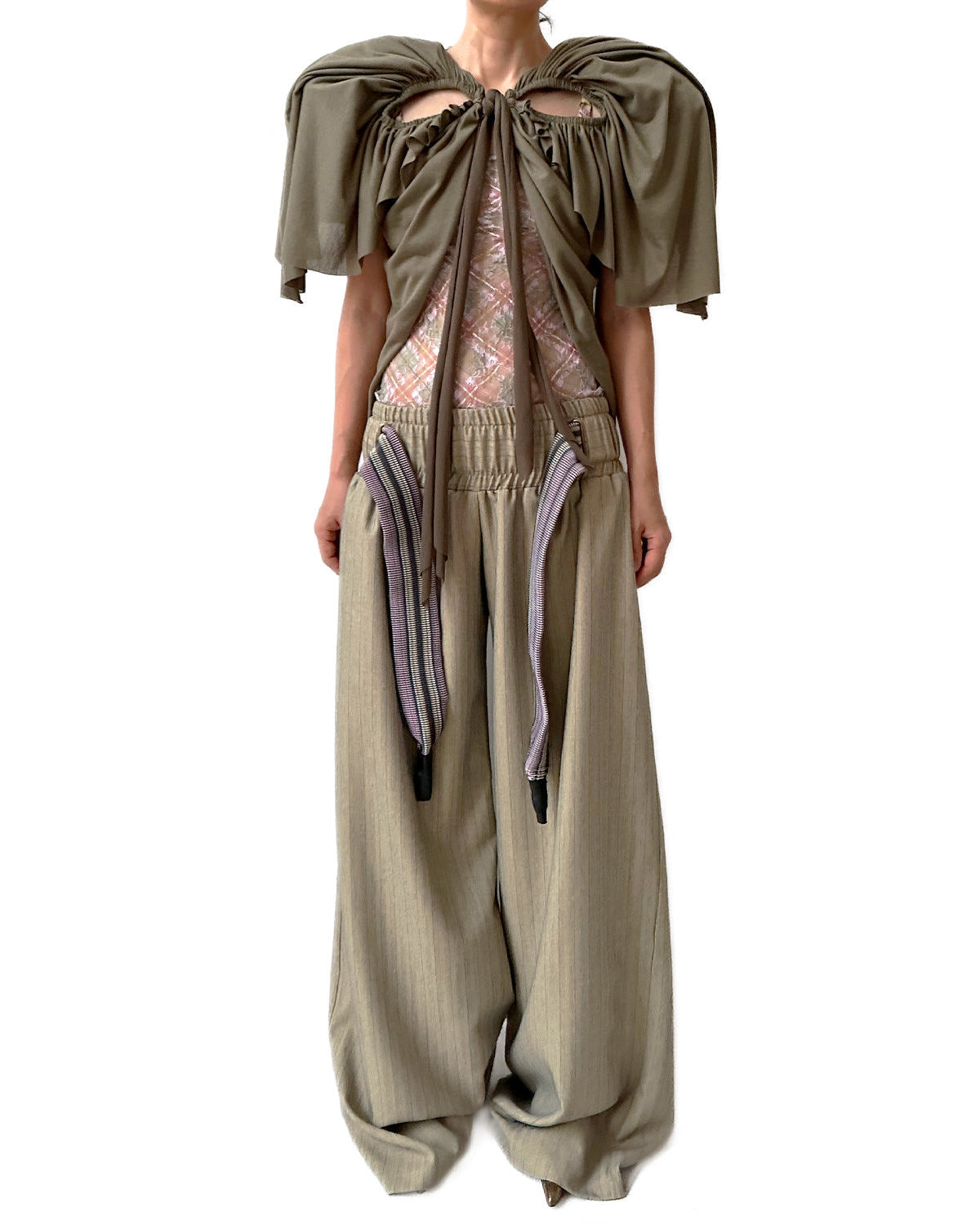 Cutout Football Bow Bolero Top with Shoulder Padding Olive Jersey