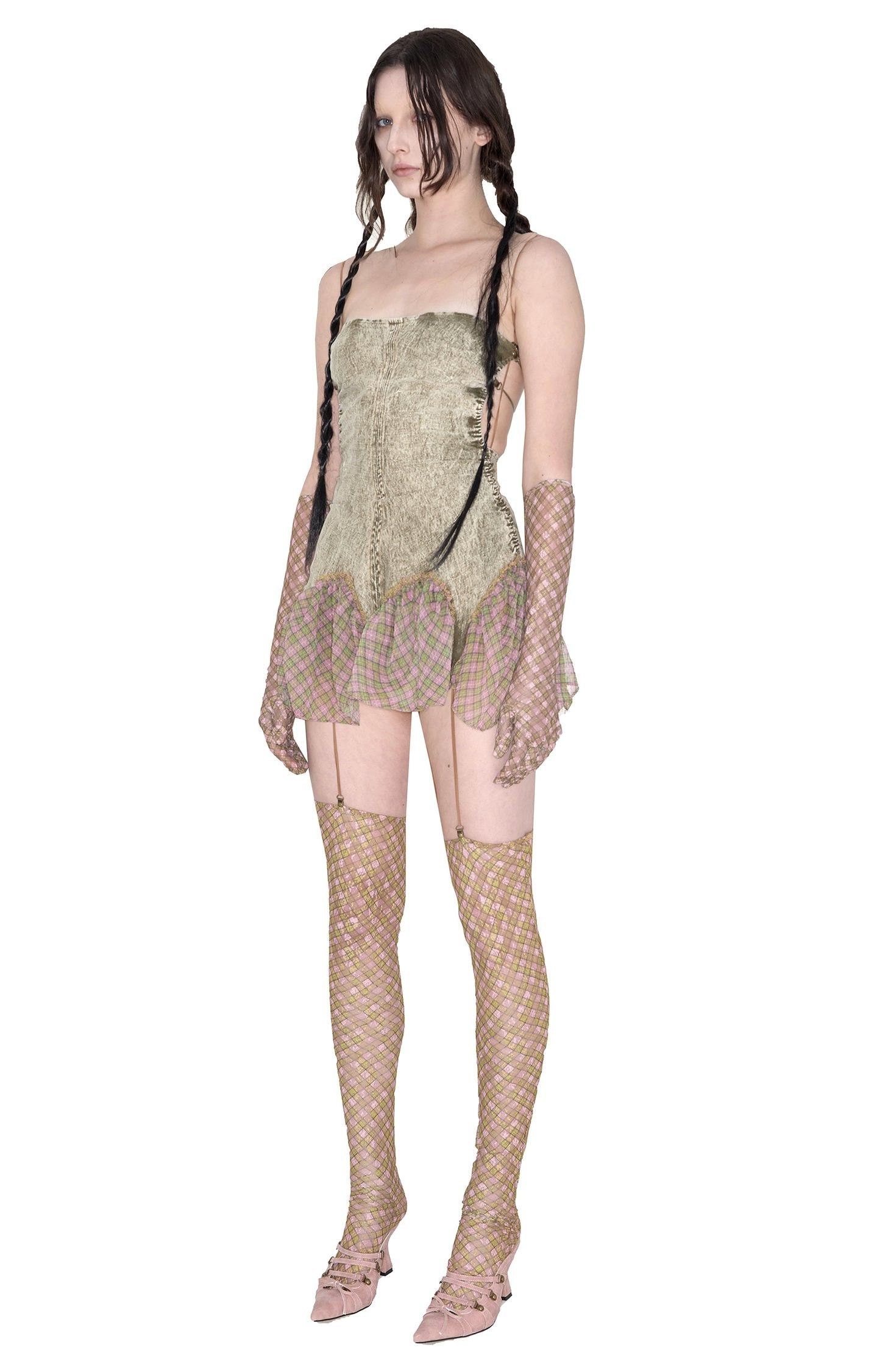 Plaid Denim Bubble Mini Dress Fenlü