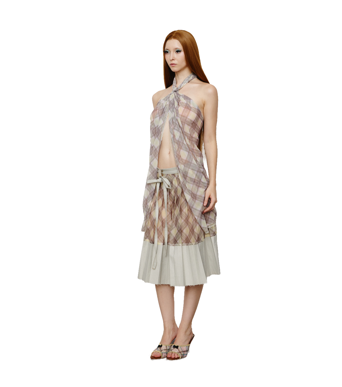 Patchwork Organza Pleated Midi Skirt Gray Porcelain