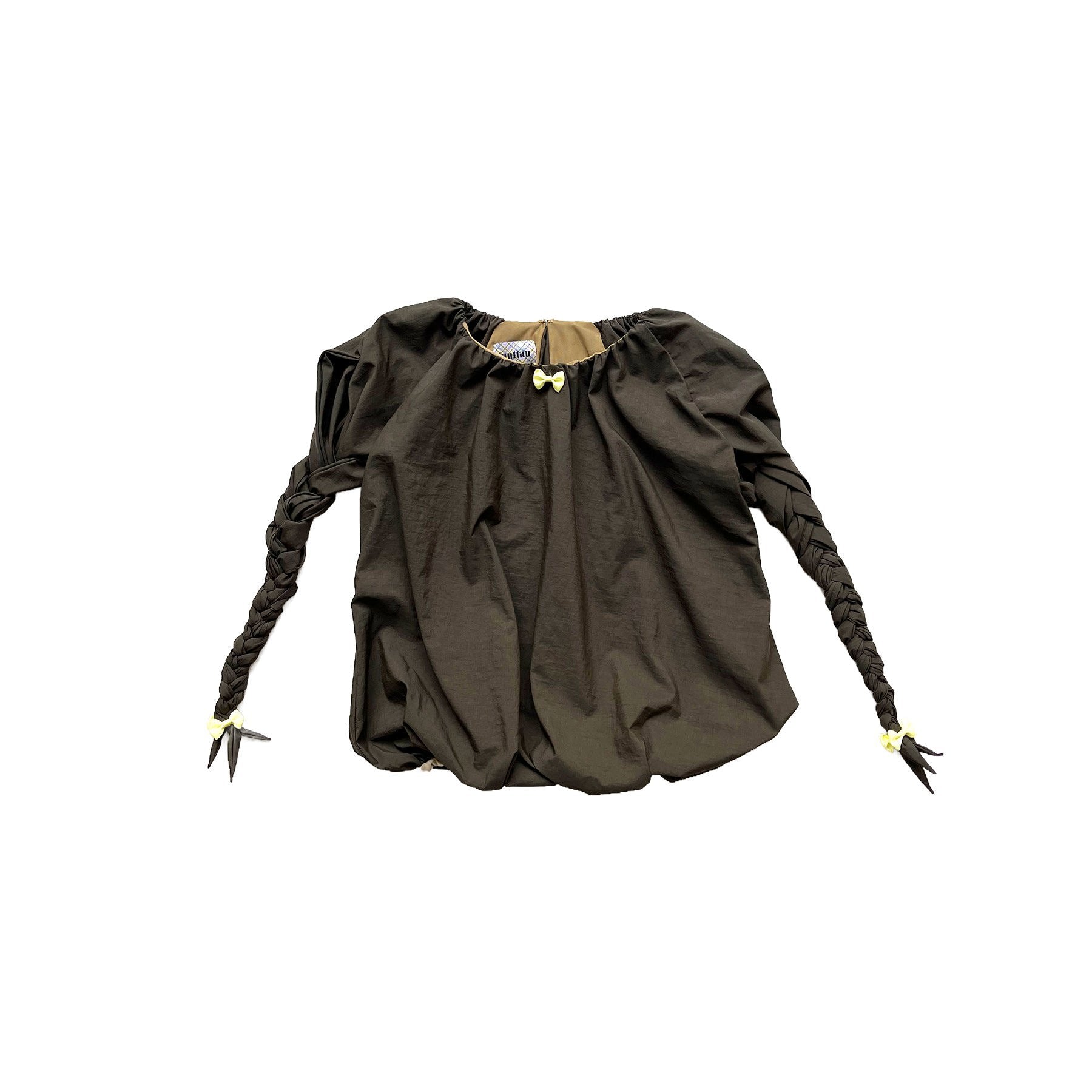 Balloon Braided Blouse with Bow Dark Brown