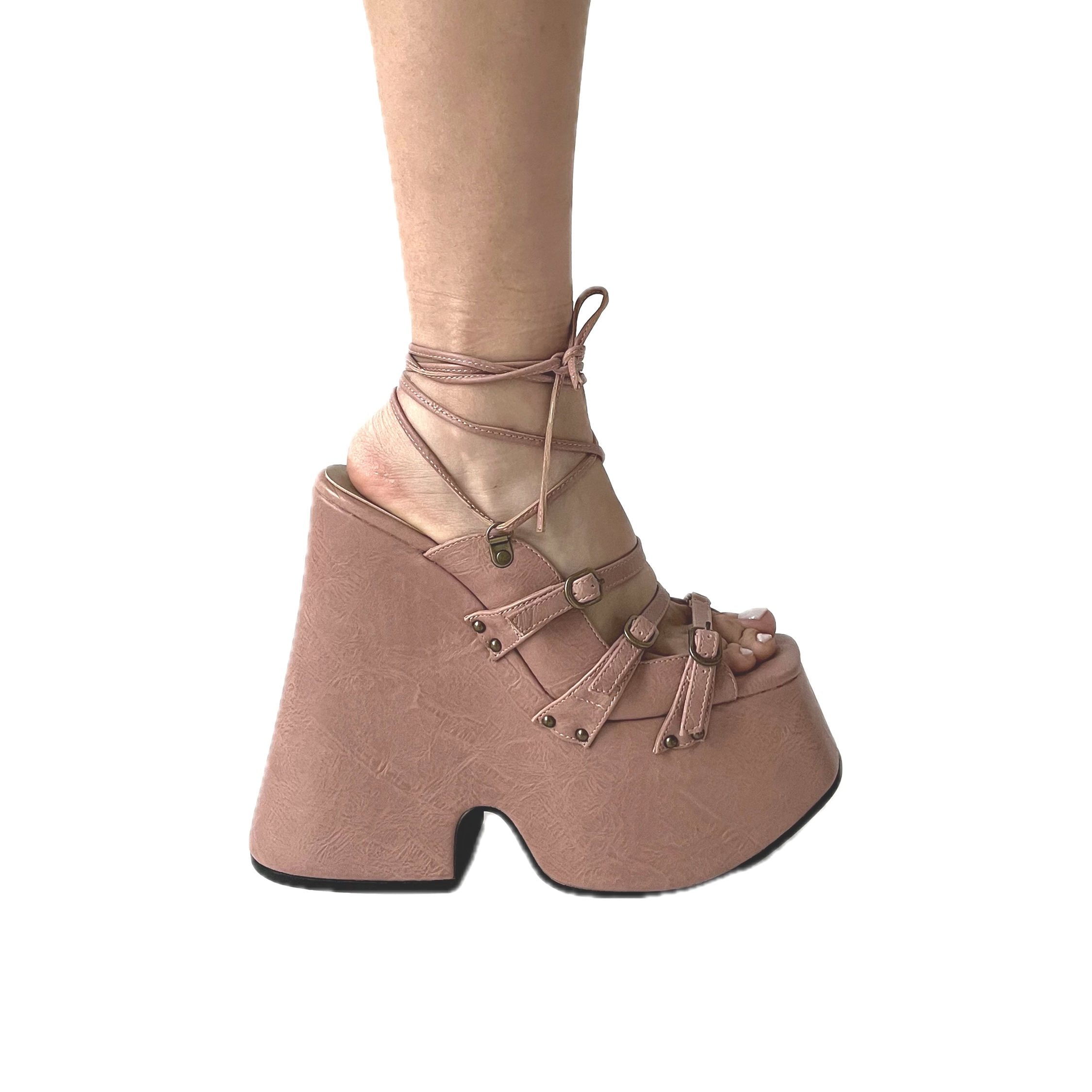 Pink Vegan Leather Lace Up Platform Sandals