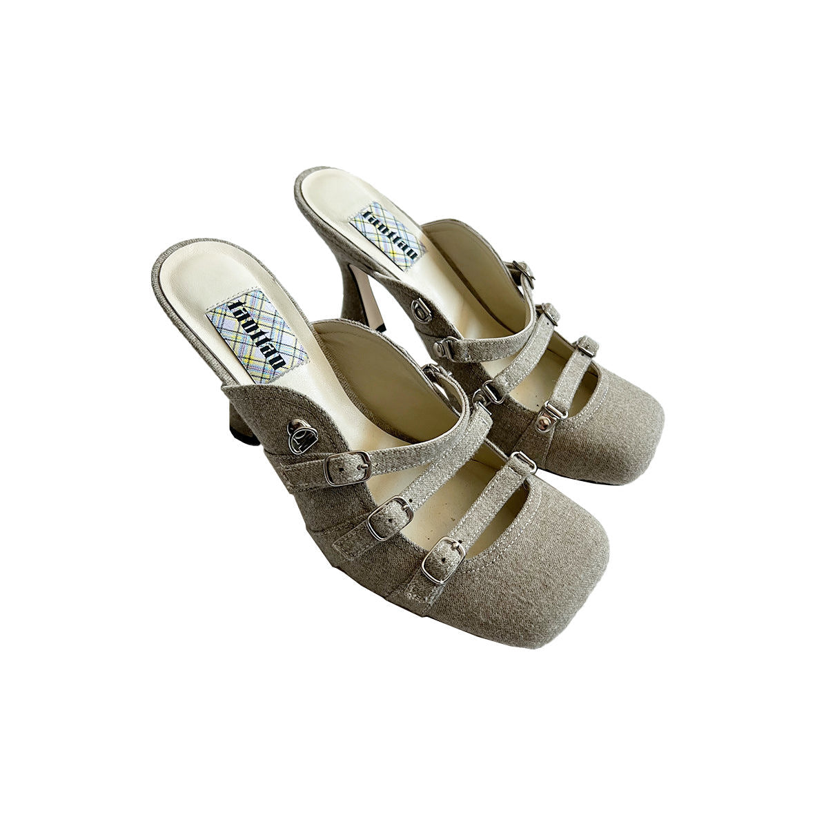 Grey Woolen Suiting Lace Up Square Toe Mules