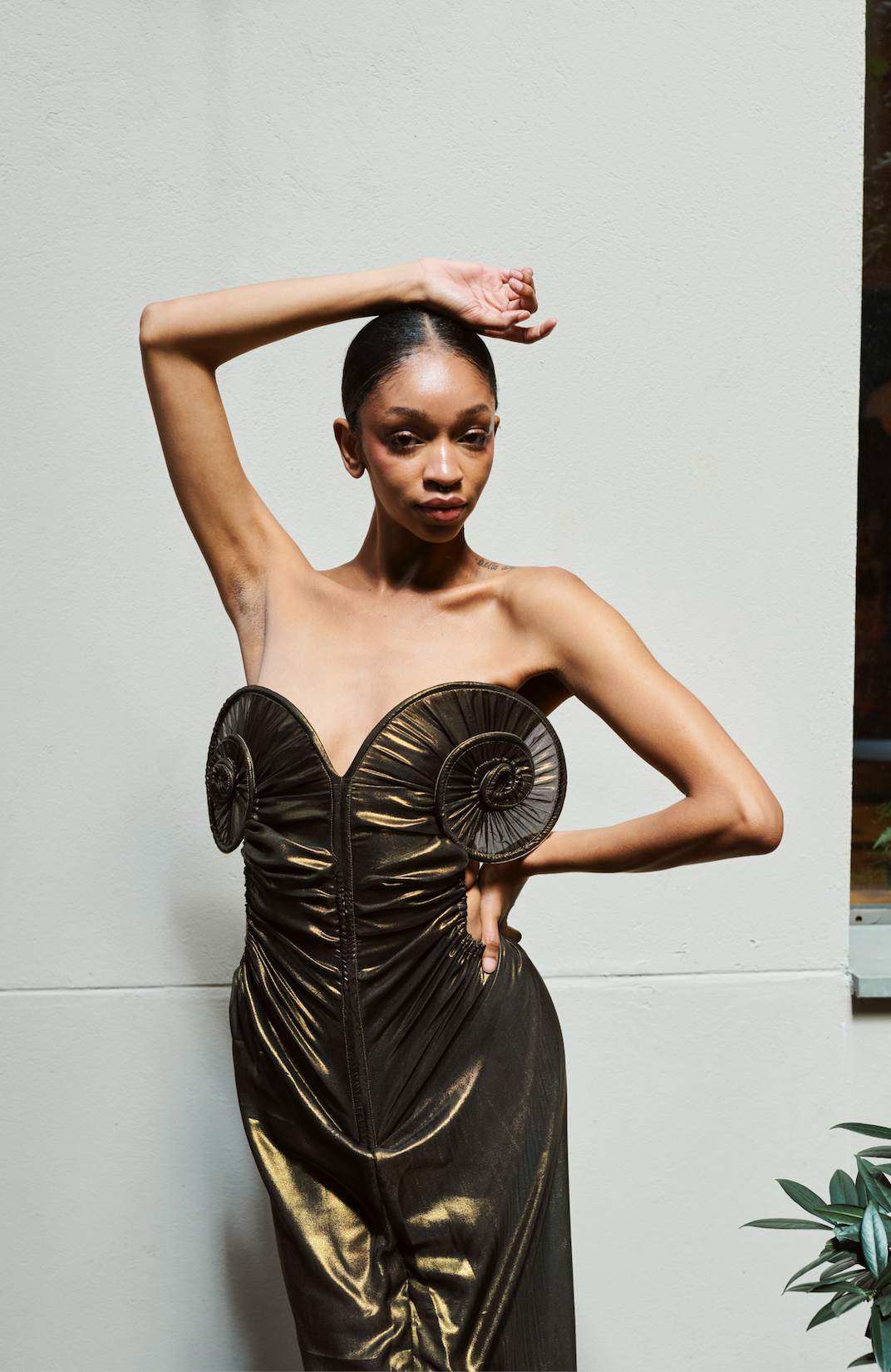 Draped Sea Shell Swirl Maxi Gown Glossy Gold