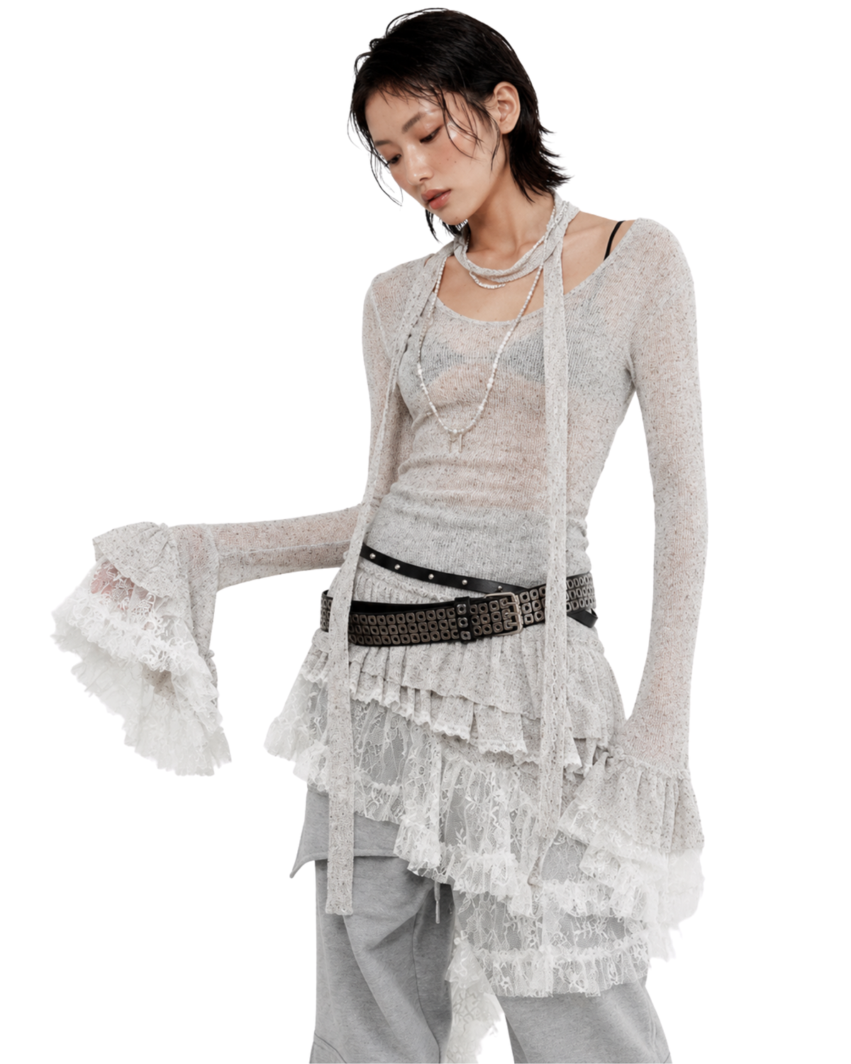 ALLIN Irregular Lace Ruffle Knit Top