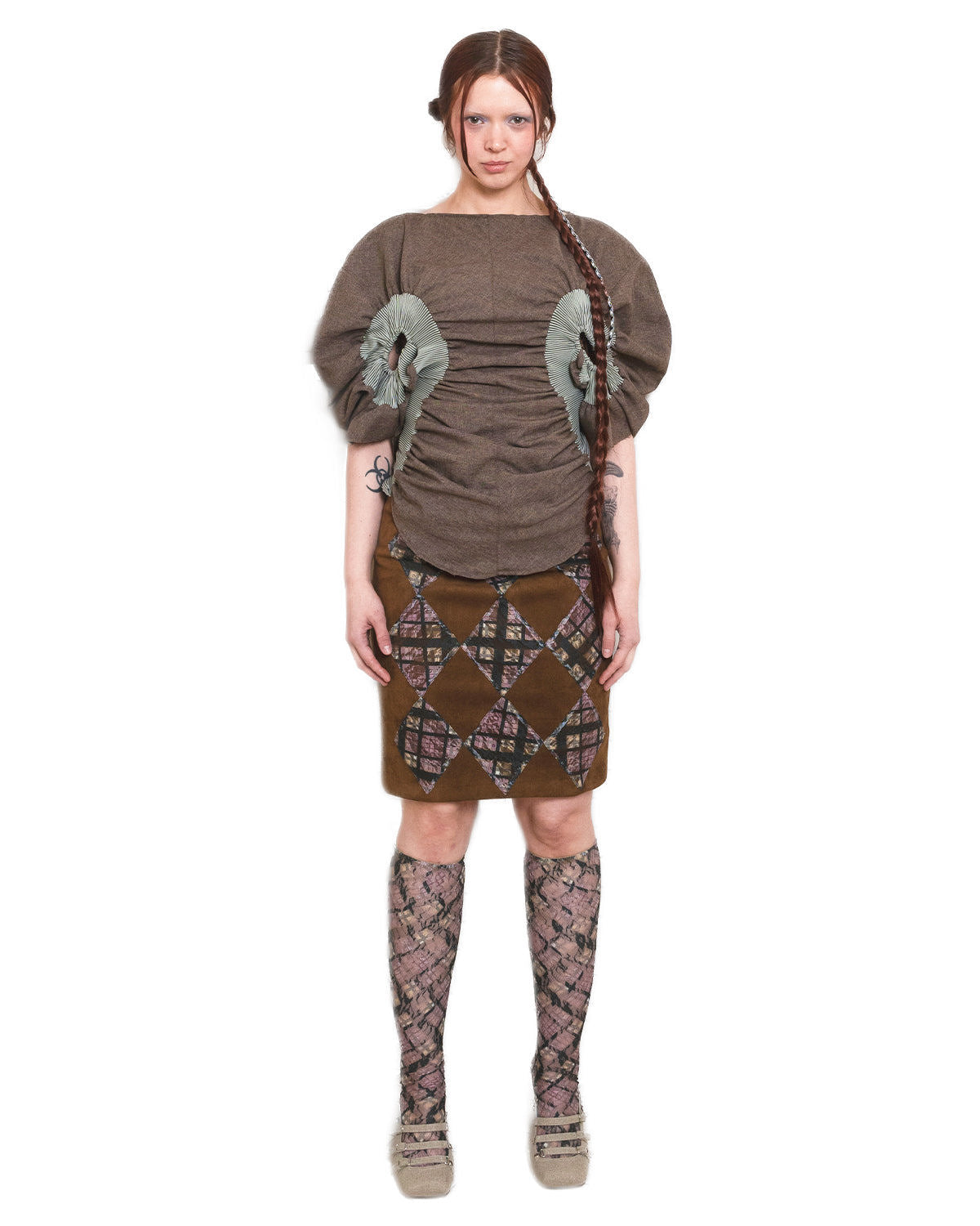 Orange Brown Suede Purple Plaid Lace Patchwork MIDI Skirt