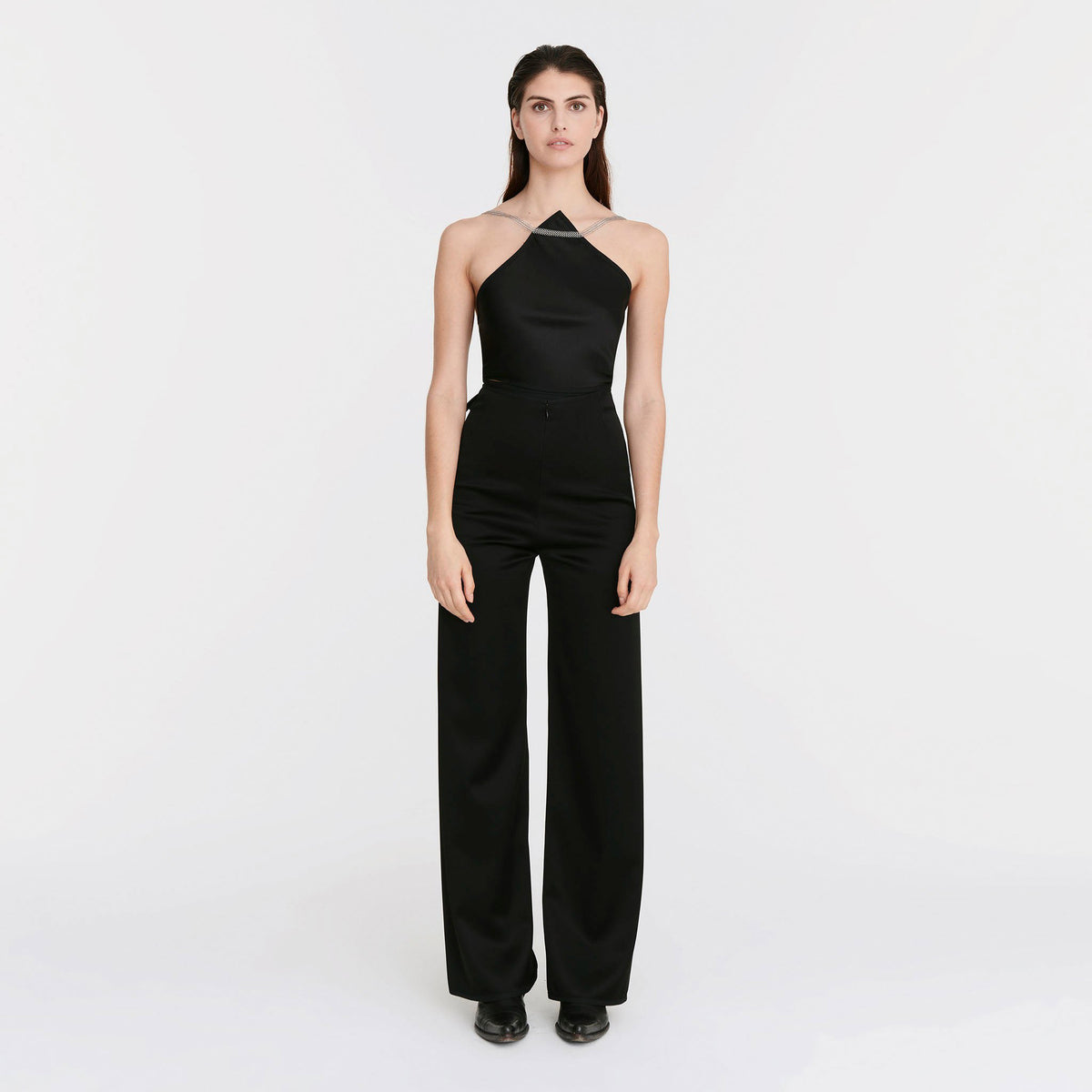 V-Back Trousers in Black Satin