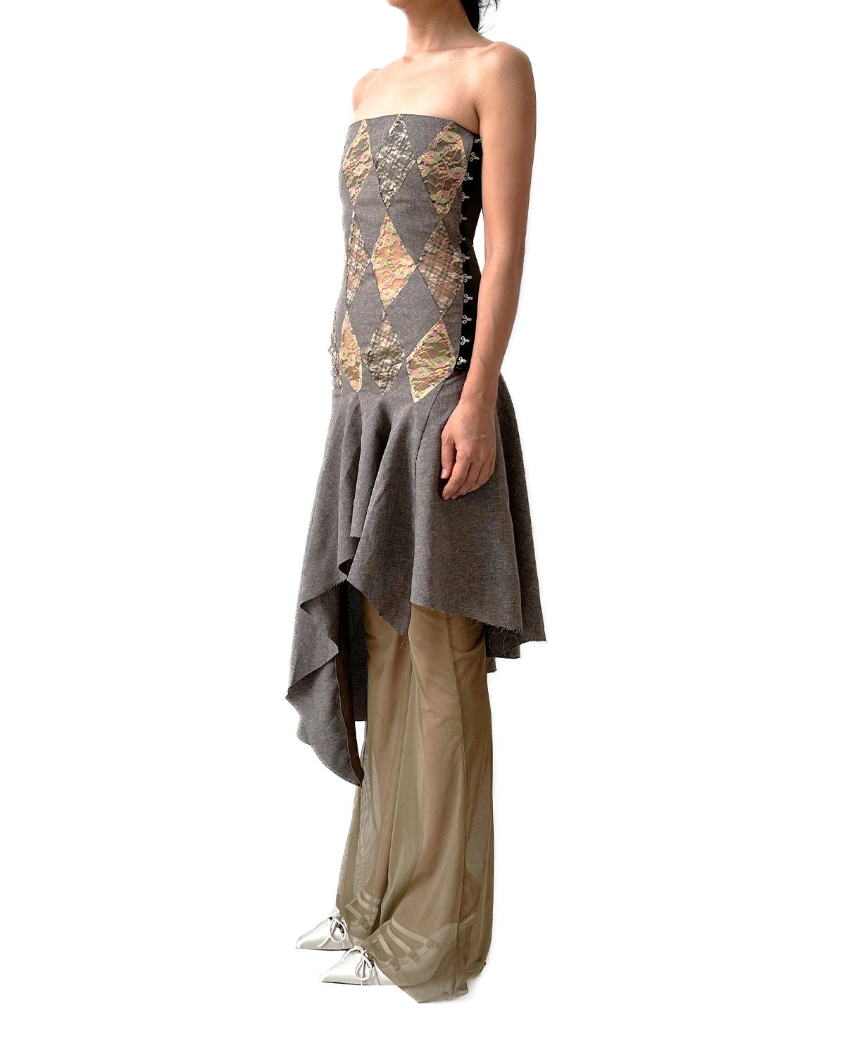 Patchwork Lace Lunar Spring Plaid Office Flared Midi Dress