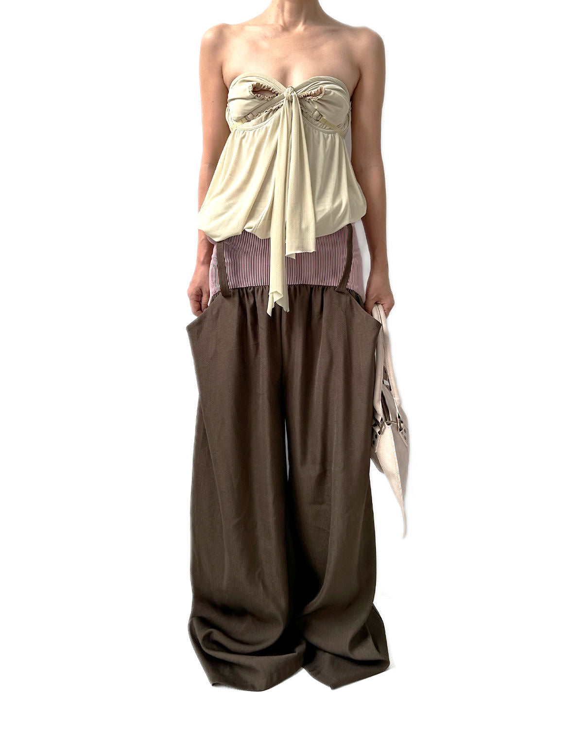 Low-rise Twill Oversized Baggy Trousers Taupe w/ Pink Rib Band