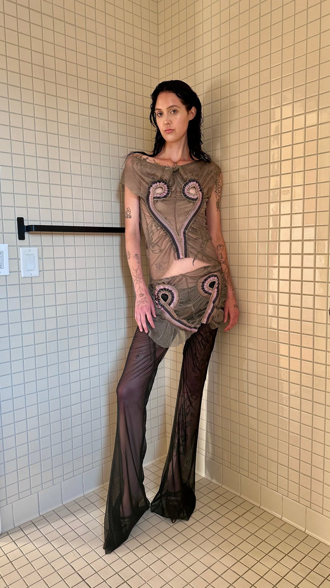 Metallic Silver Mesh Skirt RIb Patched Mini Skirt