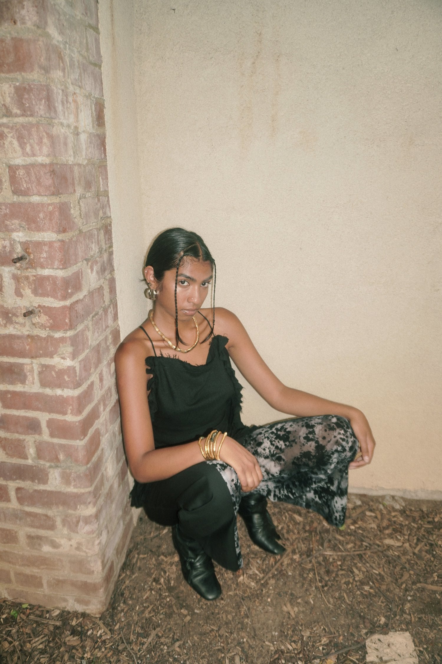 BURN OUT MESH PRINT ASYMMETRIC PANTS