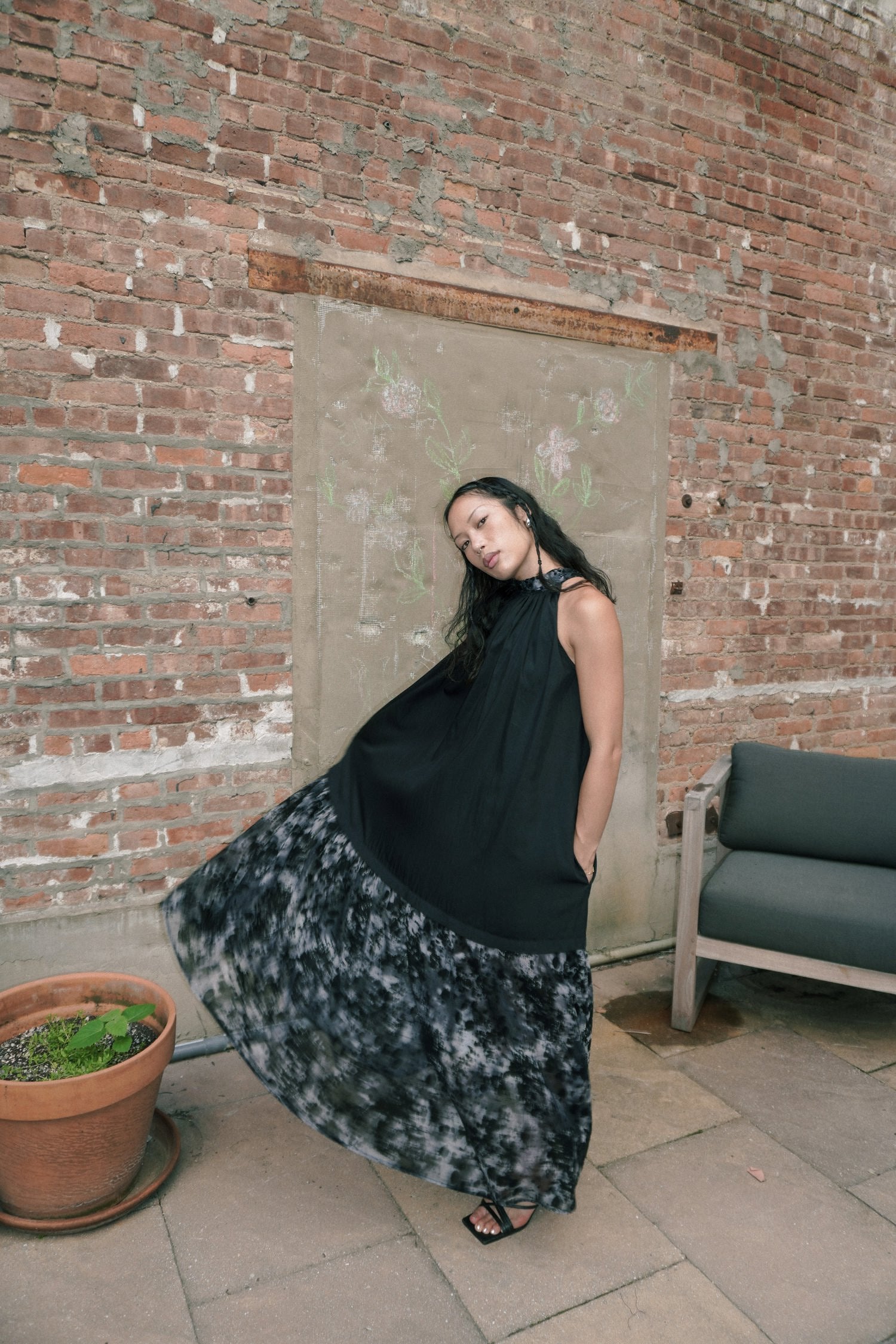 TIE NECK MAXI DRESS _ BLACK