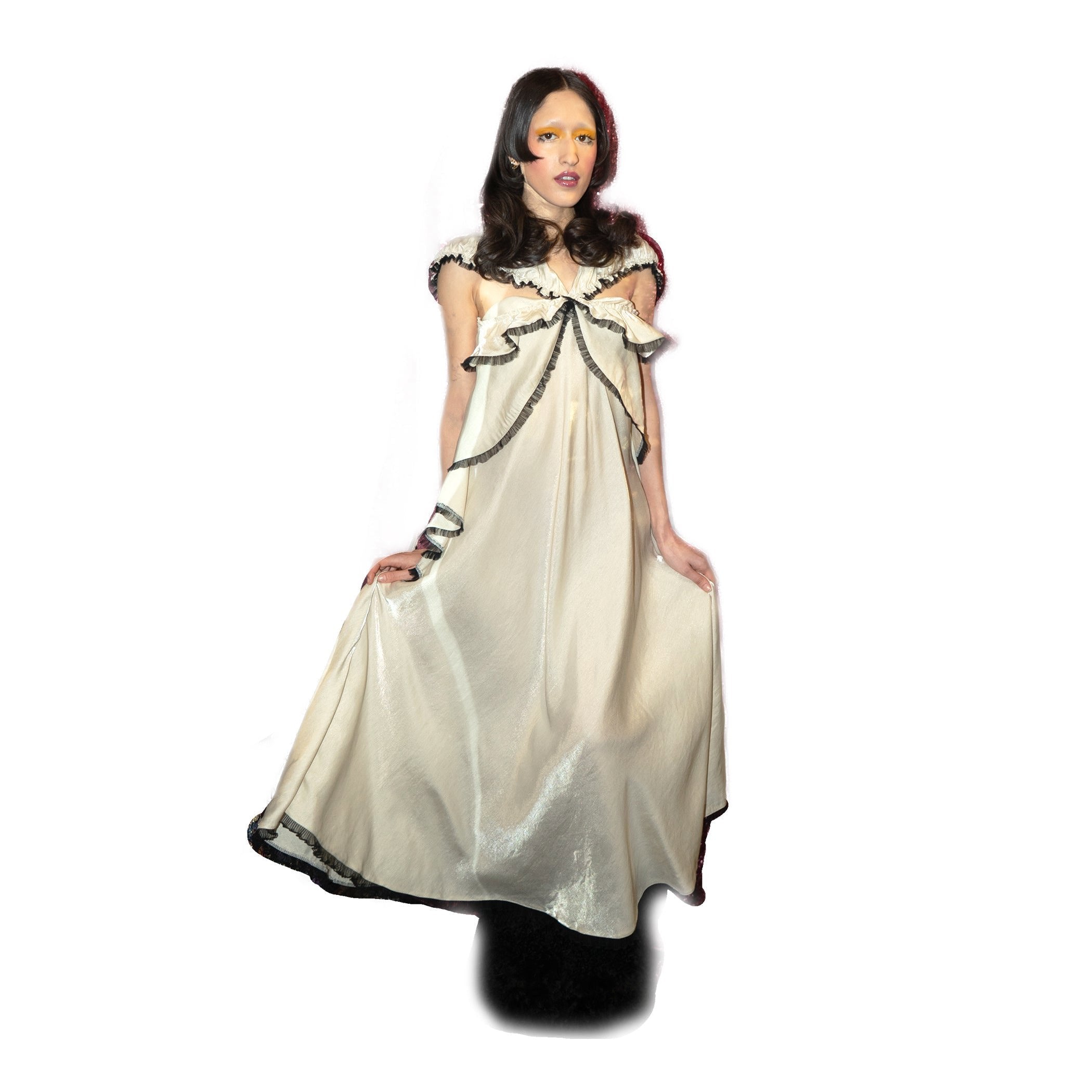 Ivory Satin Taffeta Flared Ruffle Dress